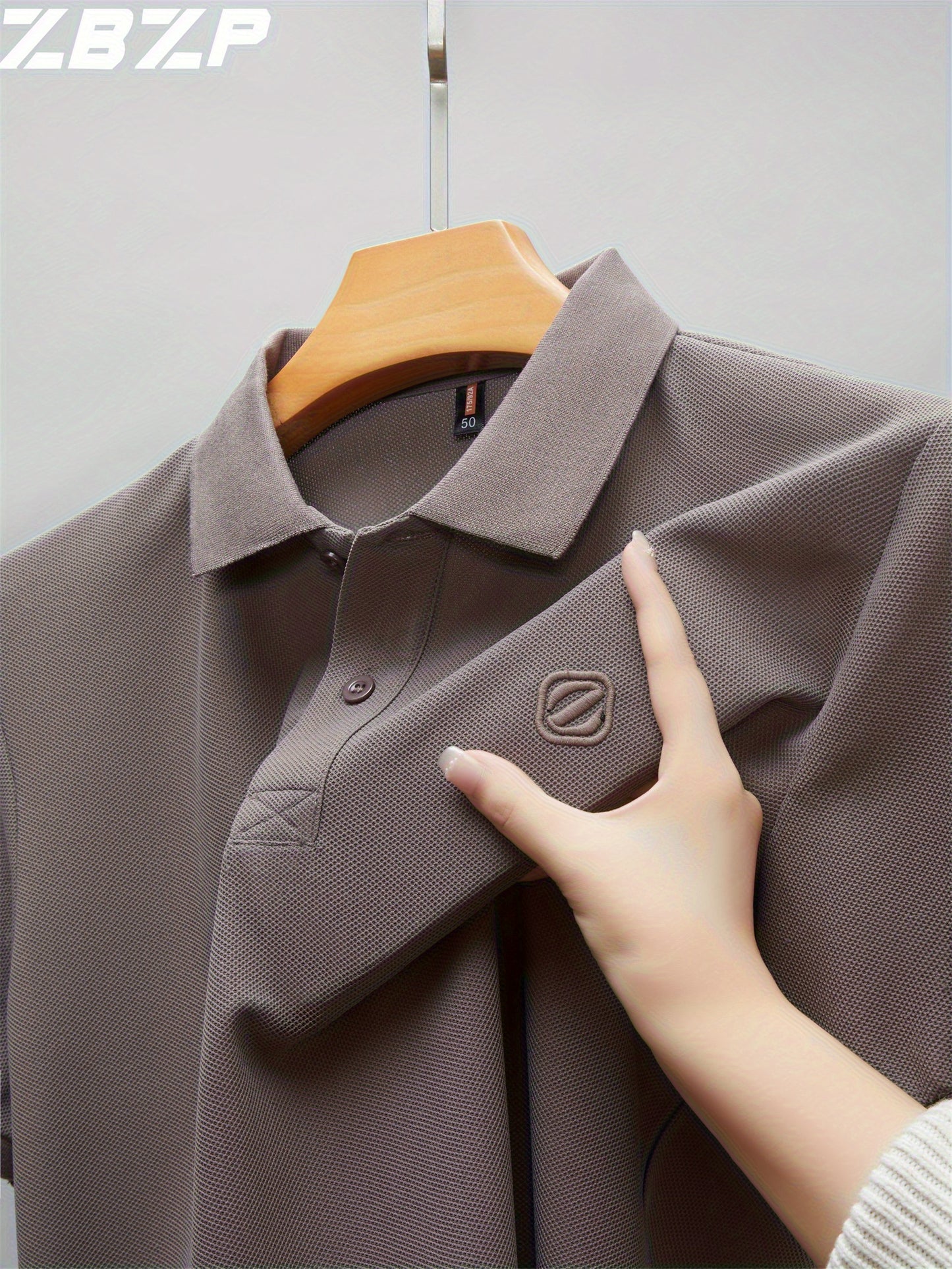 Men's Slim-Fit Short Sleeve Shirt - Breathable Black with White Collar & Logo, Classic Lapel Neck, Wrinkle-Resistant Fabric for Spring/Autumn, Versatile Casual & Semi-Formal Wear - Easy Care (Hand Wash/Dry Clean) - ZBZP25 Col