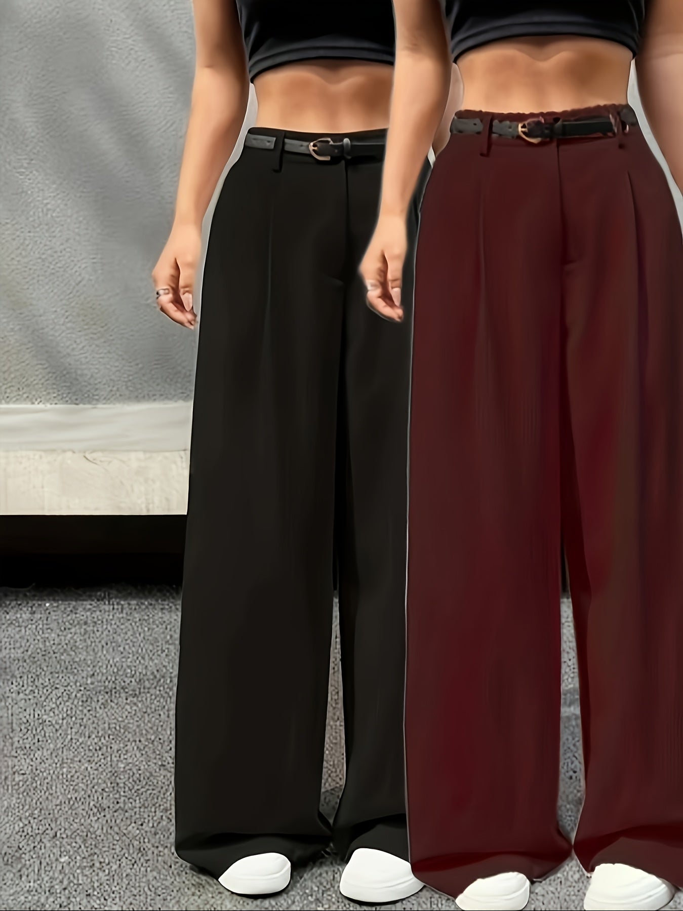 Lot de 2 Pantalons Femme – Couleur Unie, Jambe Longue, Confortable avec Poches, Sans Ceinture, Automne/Hiver