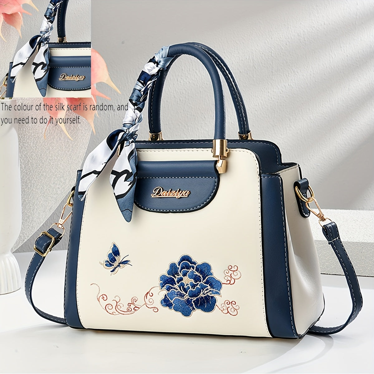 Sac à main pour femmes – broderie florale, bandoulière réglable, fermeture zippée, bleu marine et blanc, parfait pour travail, voyage ou cadeau fête des mères, doublure polyester, avec écharpe décorative