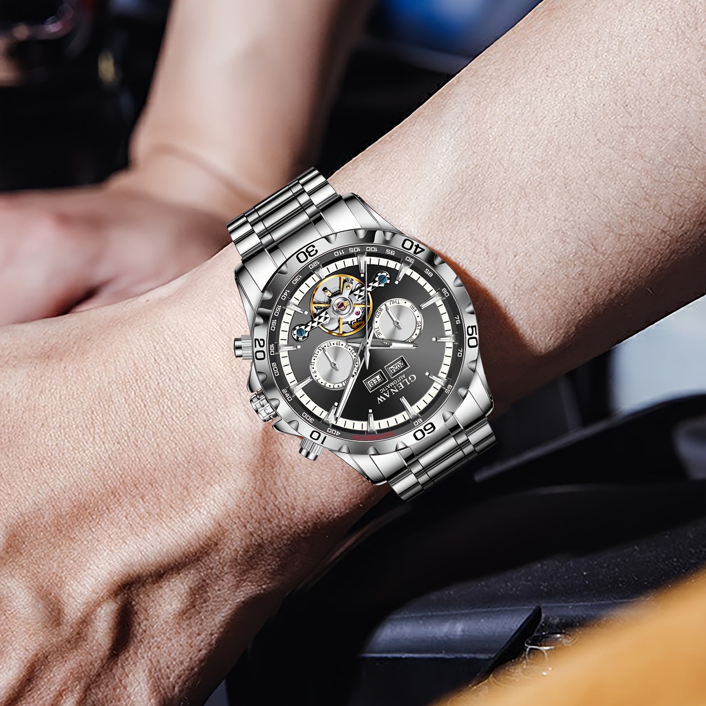 Montre automatique pour homme – Montre multifonctionnelle avec boîtier et bracelet en acier inoxydable, montre mécanique à remontage automatique avec affichage de l’année, du mois, du jour et de la semaine