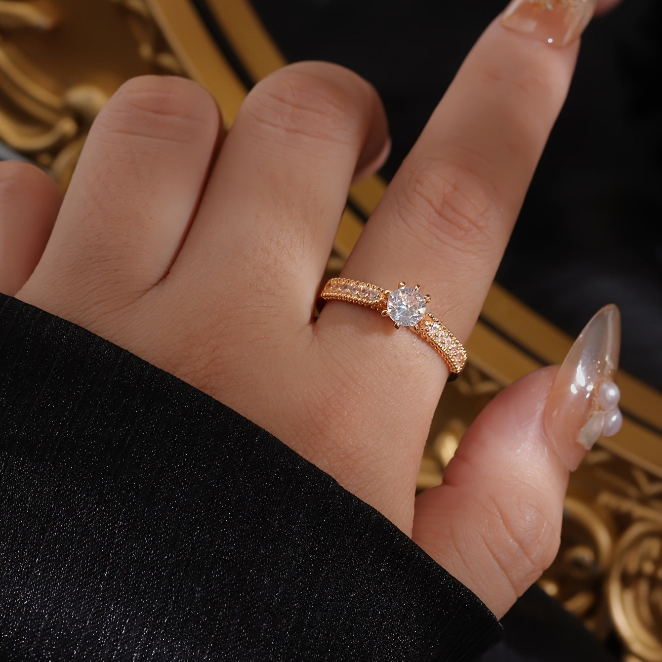 Elegant Vintage-Inspired Copper Ring with Sparkling Cubic Zirconia - Adjustable Open Design for Everyday & Party Wear