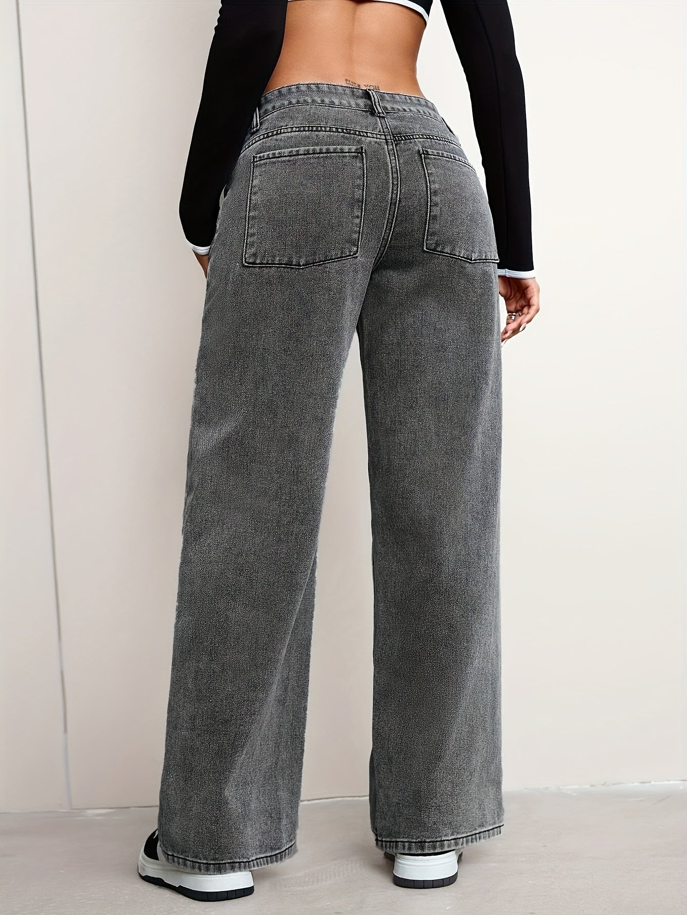 Pantalon Femme Décontracté Jambe Droite Denim Taille Haute Boutons Zippé Confort Toute Saison Couleur Unie