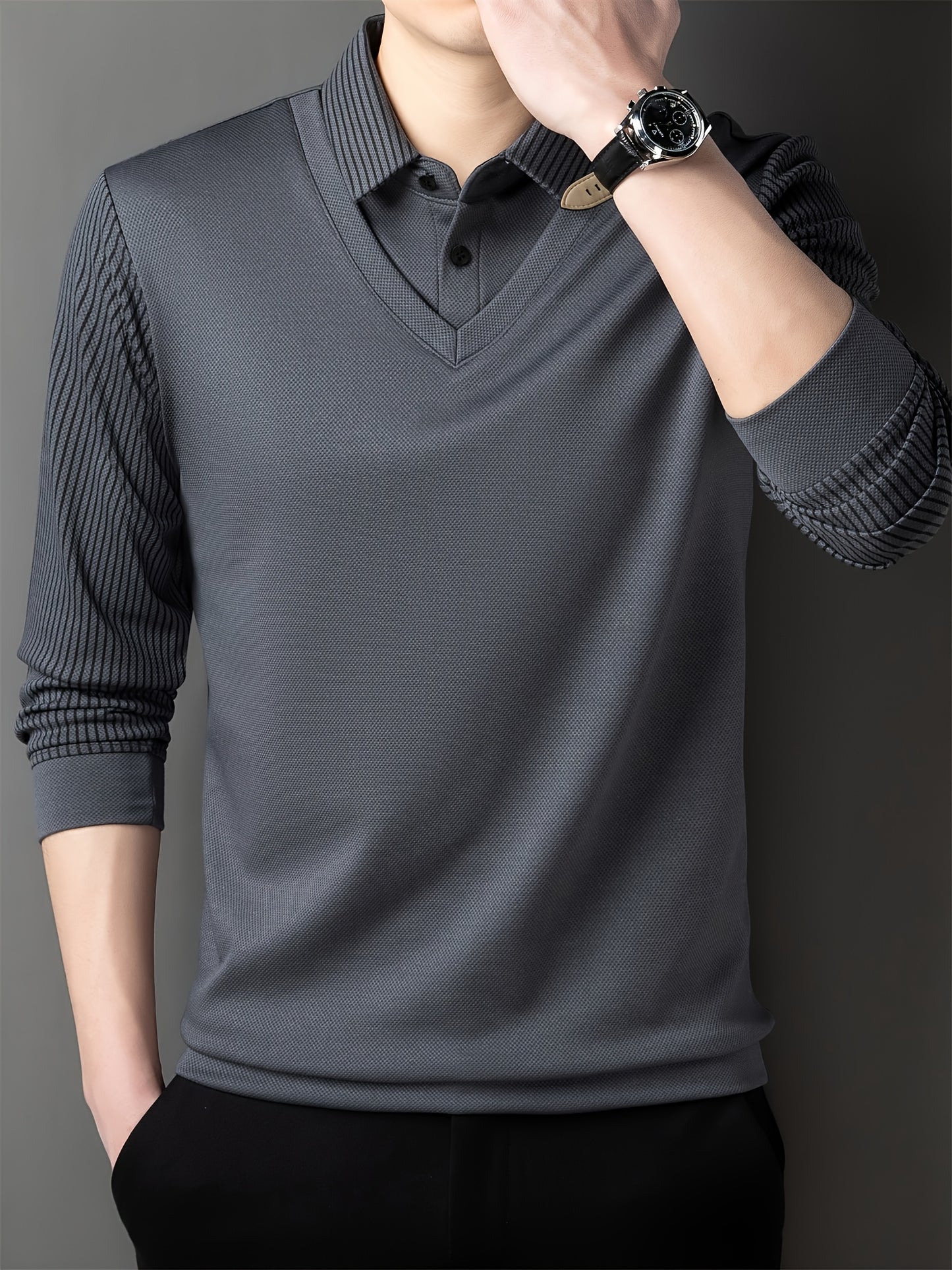 Solid Fake Two-piece Lapel Versatile Shirt Tops, Breathable Long Sleeve Golf Shirt For Casual Daily Wear, Spring And Autumn