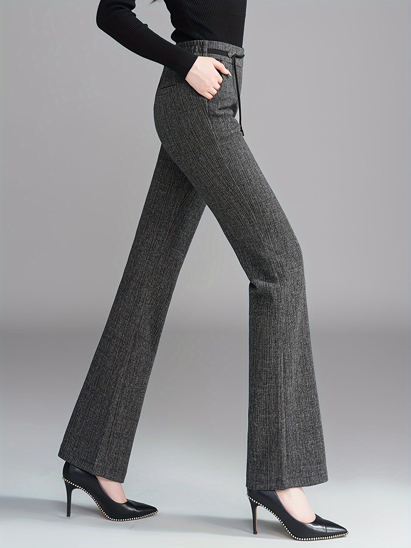 Pantalon Femme Taille Haute Évasé – Gris Côtelé, Boutons Zippés, Confortable et Polyvalent, Printemps/Automne