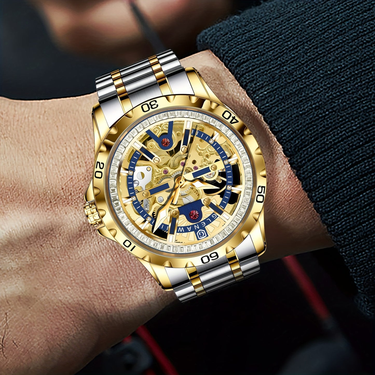 Automatic Watches for Men, Rhinestone Ring Blue Round Frame Men's Watch Stainless Steel Strap Skeleton Mechanical Watch