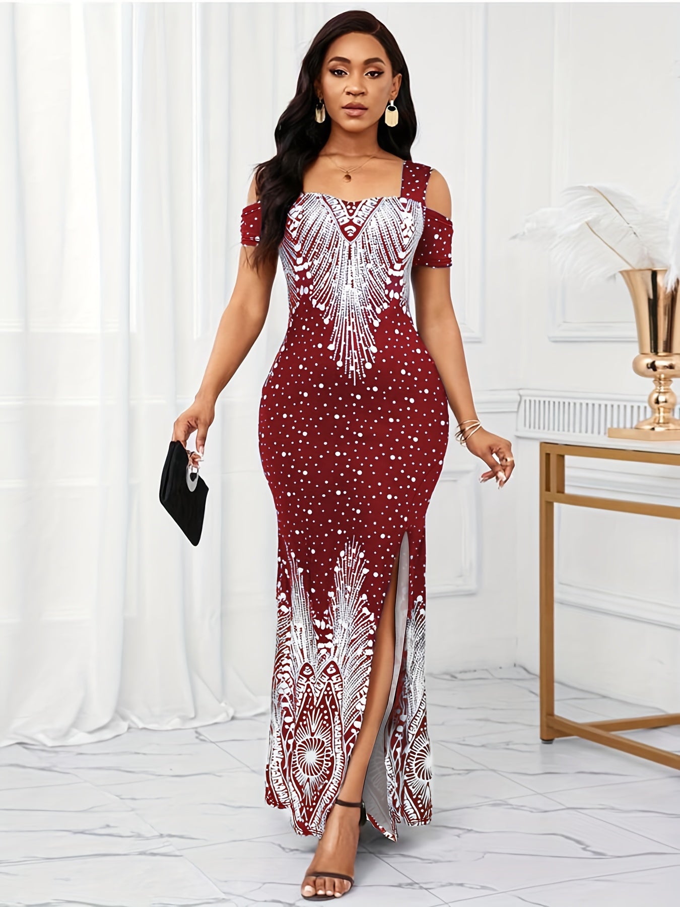Women's Elegant Paisley Print Square Neck Off-Shoulder Evening Dress - Short Sleeve Bodycon Mermaid with Side Slit & Waist Accent, Machine Washable Summer Formal Party Wear, Evening Event Attire, Stretchy Fabric Gown, Comfort