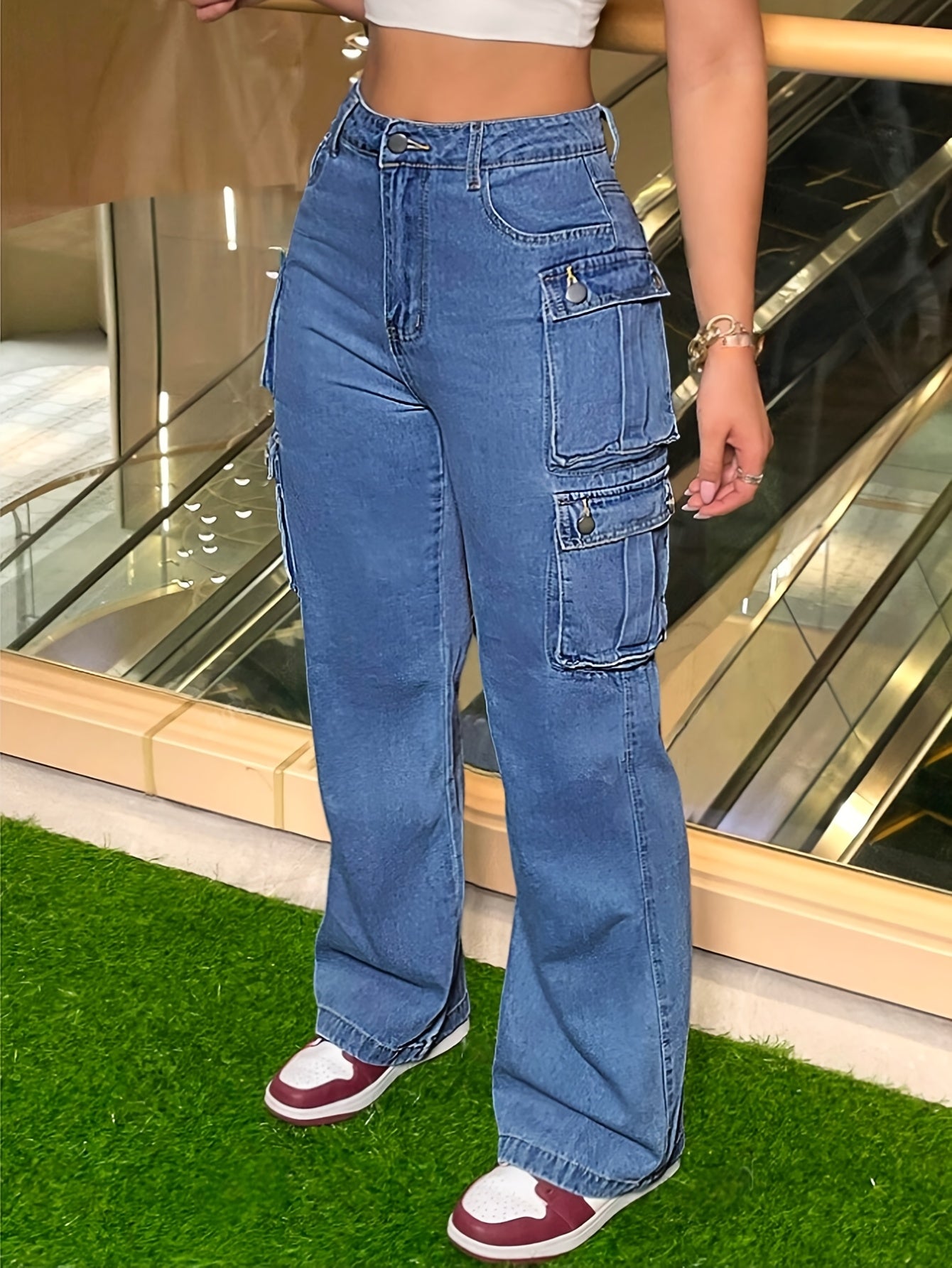 Pantalon évasé pour femme  avec poches multiples, style décontracté, pantalon de travail