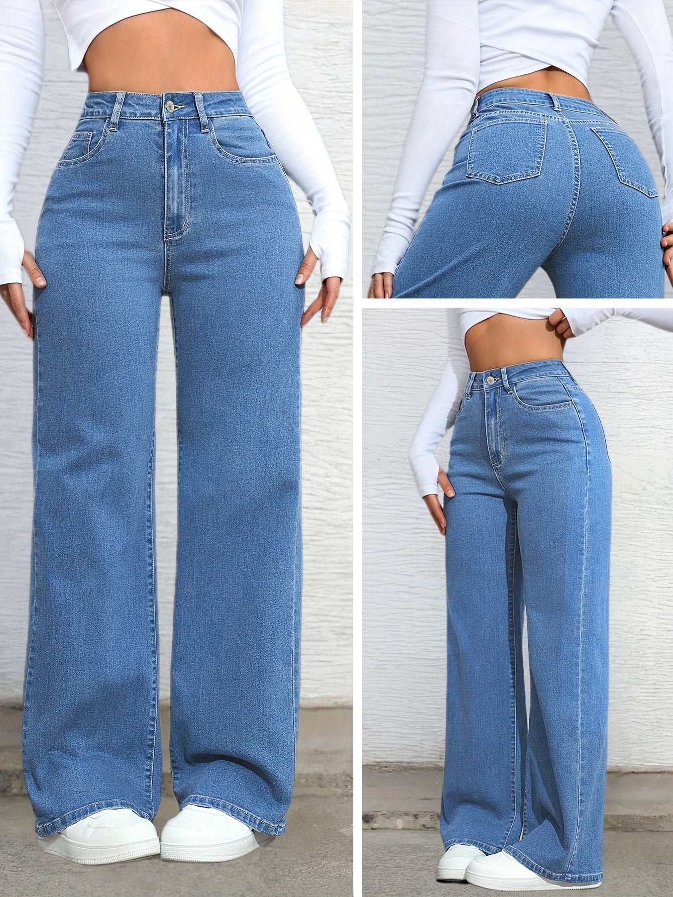 Pantalon Femme Taille Haute en Denim Extensible – Coupe Large Décontractée, Fermeture Boutons, Jean Bleu Clair Lavé, Confort Toutes Saisons, Tissu Durable, Mode et Confortable