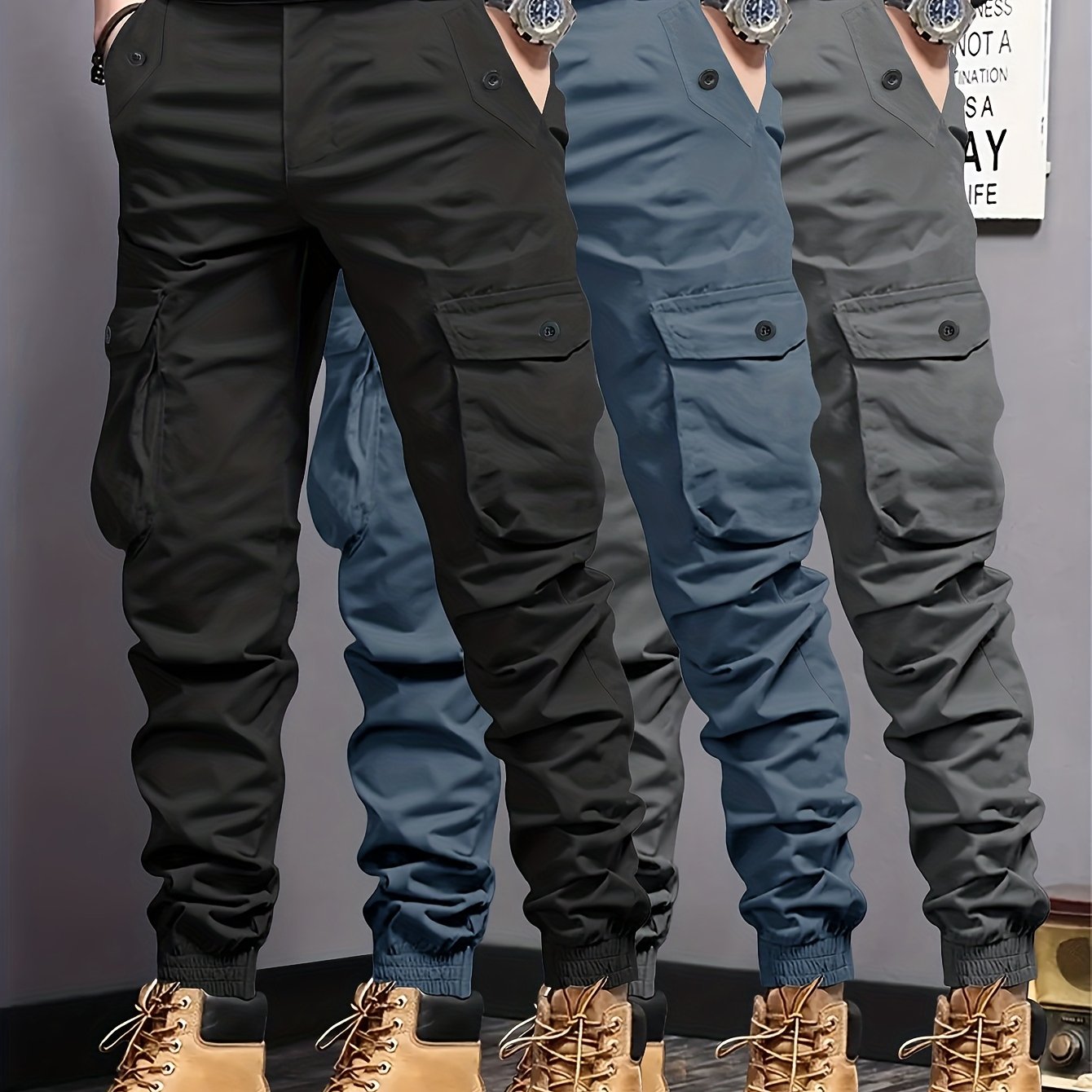 3pcs Pantalons Cargo Homme – Multipoches, Cordon Élastique, Tissu Résistant, Outdoor & Casual