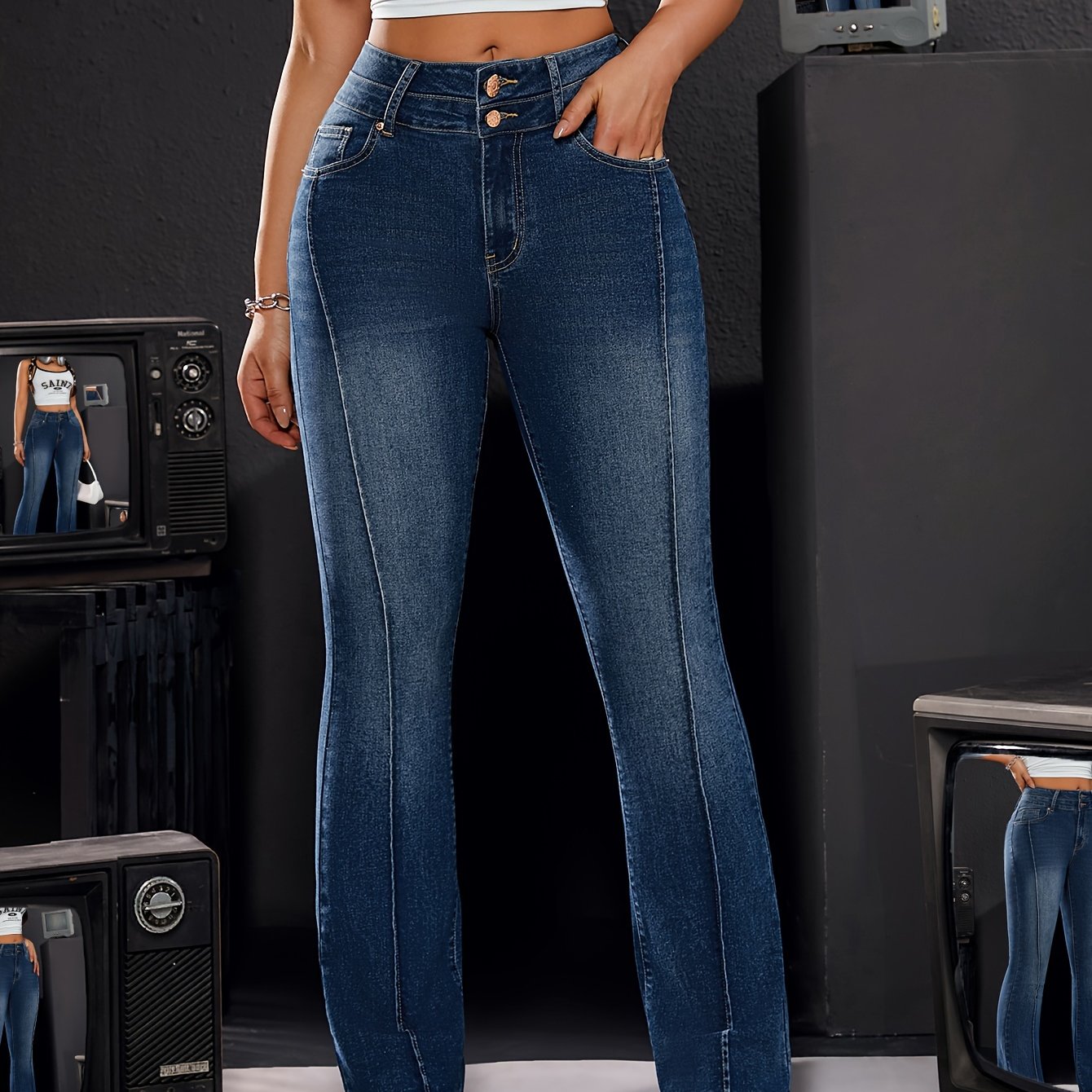 Jeans Femme Extensible Bootcut Double Boutons Décontracté Évasé Denim Lavable