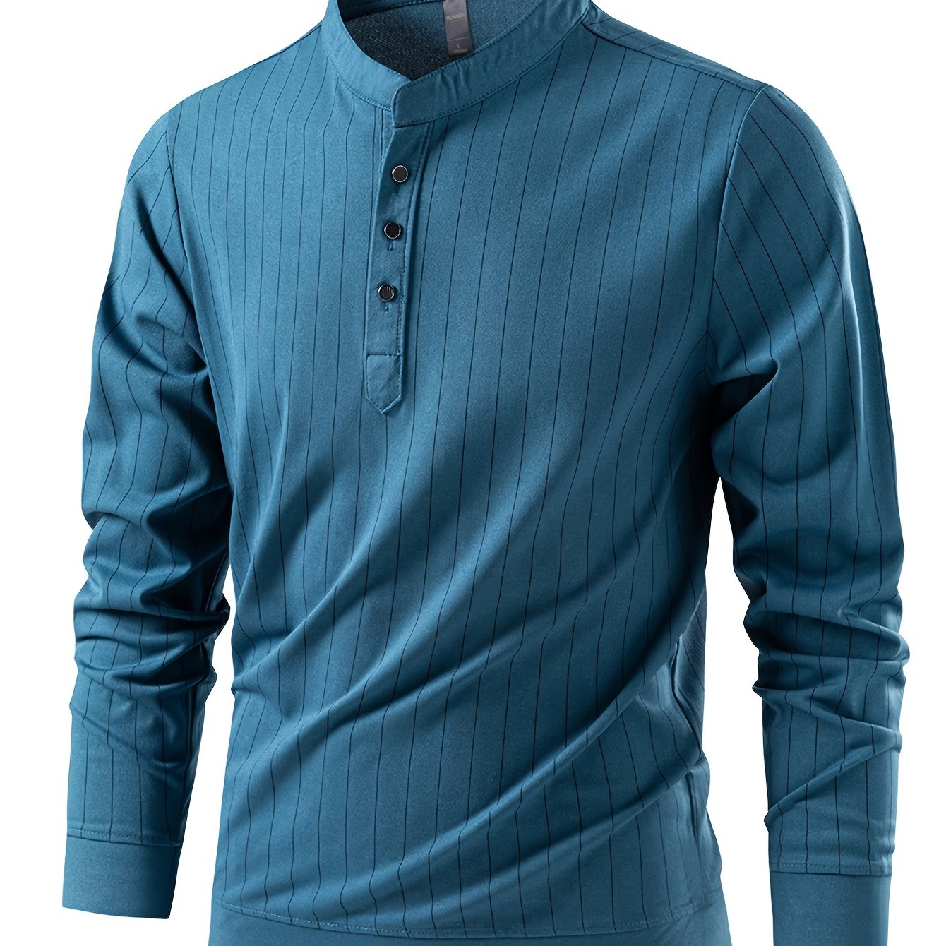 Mens Slimming Vertical Striped Long Sleeve T-Shirt - Light Business Style, Stand Collar, Four-Season Comfort, Regular Fit, Black with Dark Stripes, Hand Wash Only, Casual Wear, Elegant Pullover, Durable Casual Wear