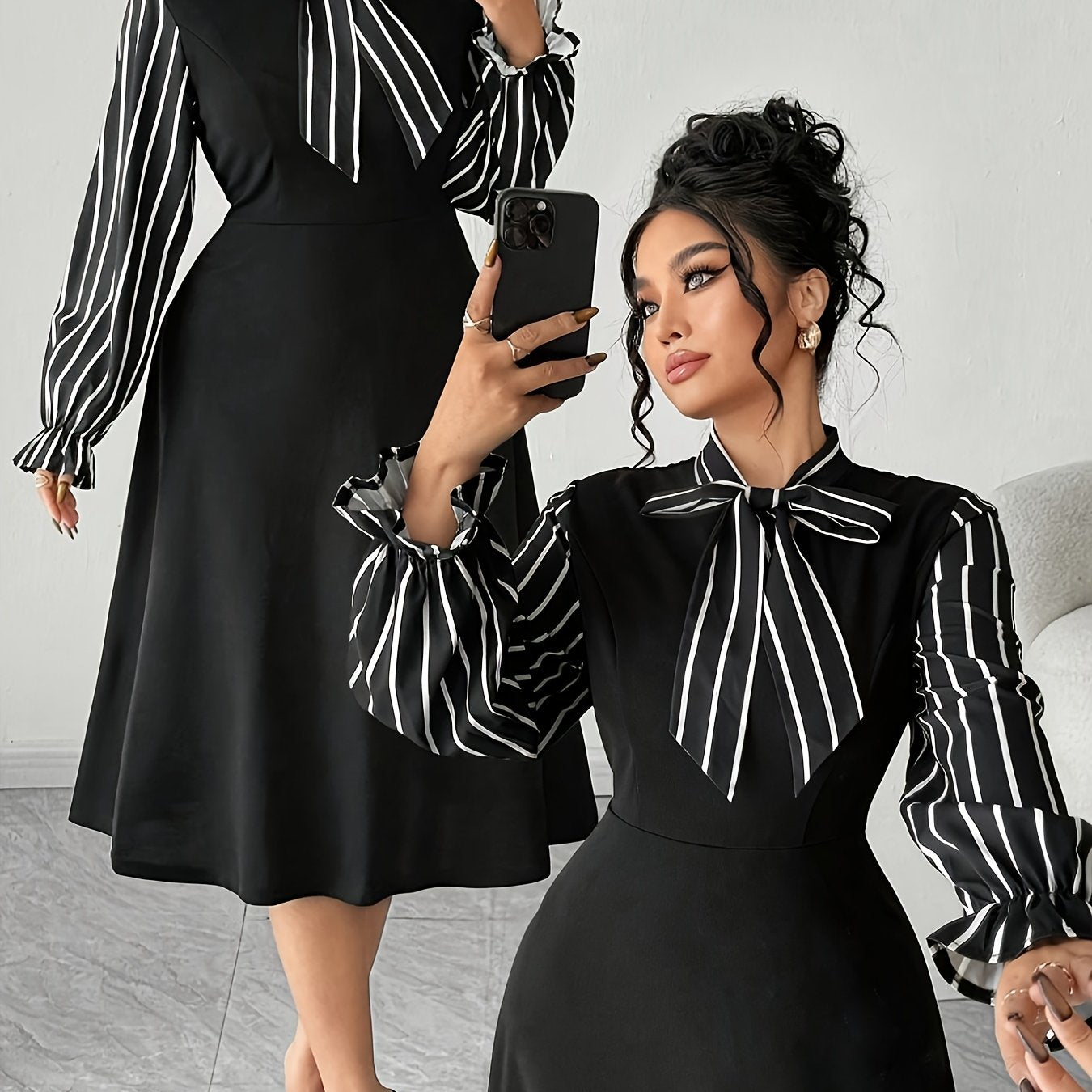 Plus Size - Plus Size Women'S Long Sleeve Striped Dress | Fashionable Waist-Cinched Black A-Line Peplum Dress with Collared Neck and Lace-Up Details for Fall/Winter