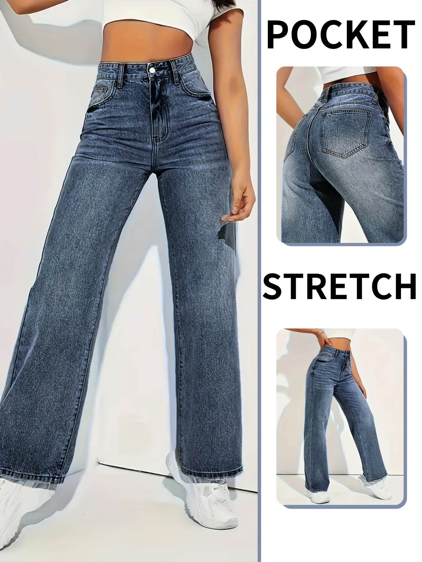 Pantalon Femme Jambe Droite Denim Extensible Bleu Poches Taille Sans Ceinture Slim Toute Saison Élégant Bureau et Décontracté