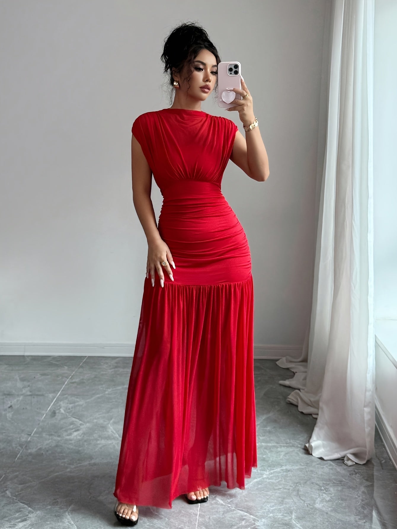 Robe Femme Élégante Sirène — Col Haut, Coupe A-Line Longue, Dos en Tulle Transparent, Robe Extensible Rouge pour Mariages, Soirées et Prom, Lavable en Machine, Tenue Formelle pour Femmes