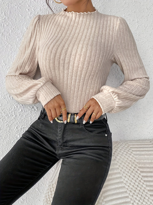 Body élégant femme à manches longues, col montant, en maille côtelée, couleur unie