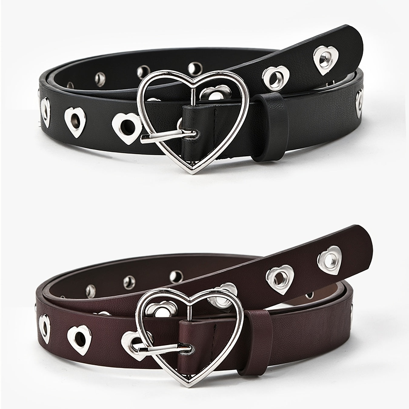 Ensemble de 2 ceintures décoratives créatives en PU pour femme avec boucle en forme de cœur, ceinture polyvalente et tendance avec boucle en forme de cœur couleur pêche et trou complet