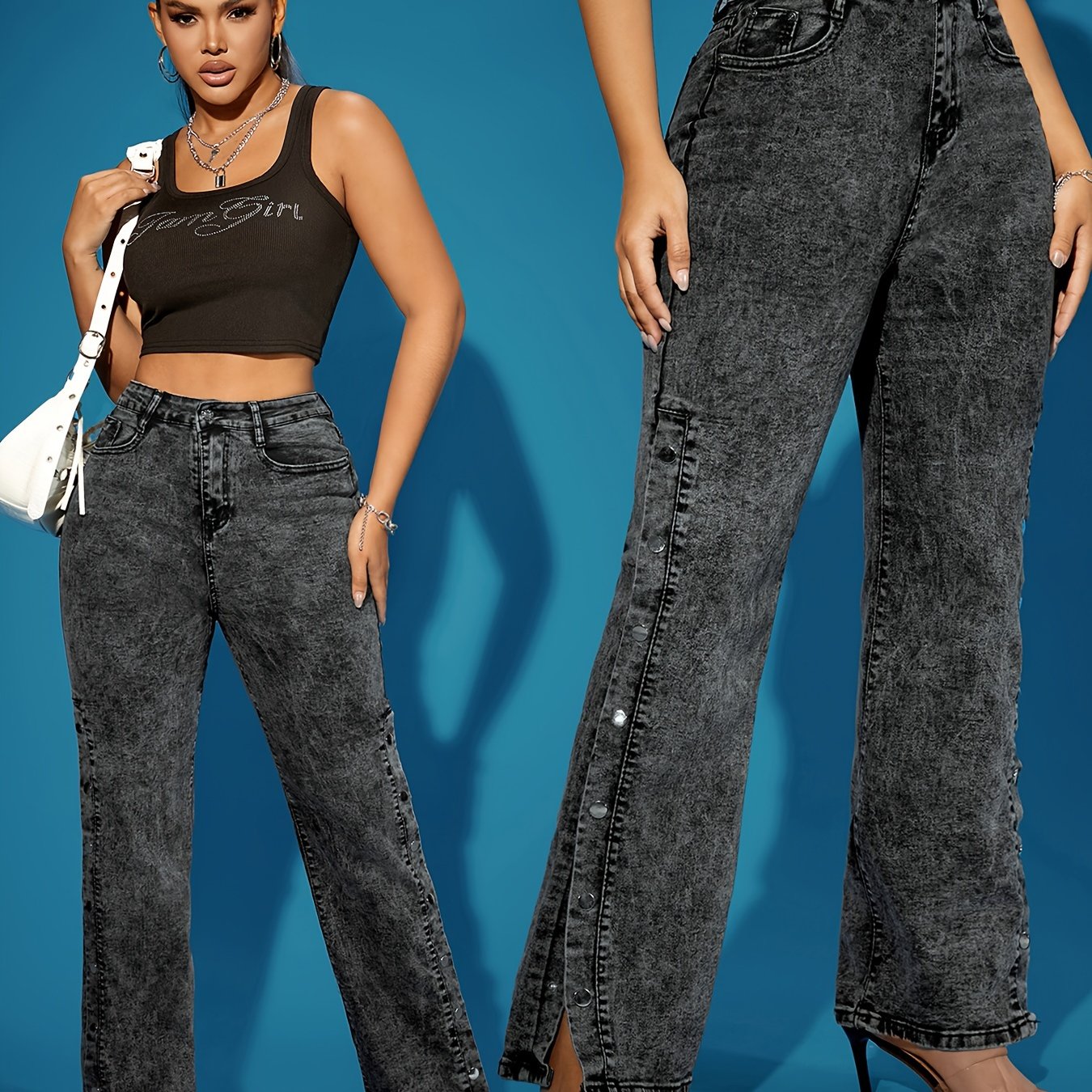 Jeans Femme Rétro Jambe Droite Boutons Frontaux