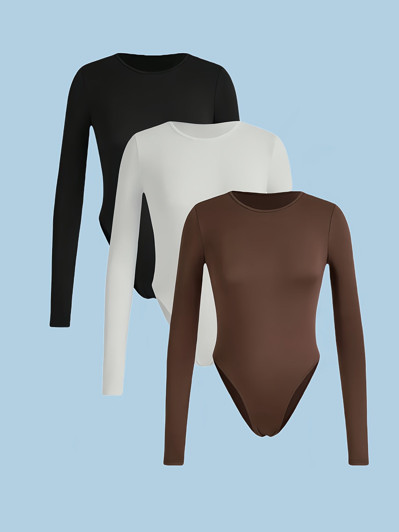 Lot de 3 tops femme – coupe slim, col rond, manches longues, tissu extensible haute élasticité, couleurs unies (noir, marron, blanc), lavables en machine, facile d’entretien, style polyvalent et confortable pour toutes saisons, adapté maison et sorties