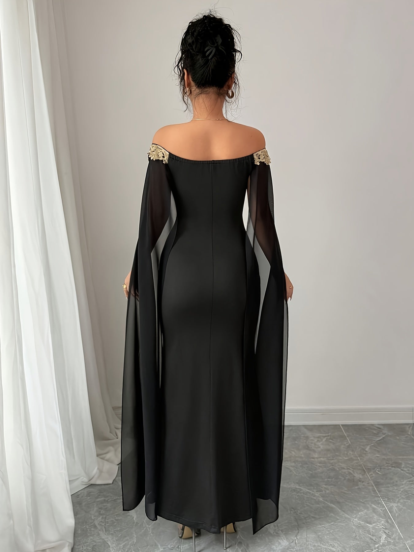 Sexy, Elegant and Versatile Daily Wear Golden Floral Embellished Off-Shoulder Sheer Cape Fitted Waist Golden Appliqué Long Mermaid Hem Bodycon Dress
