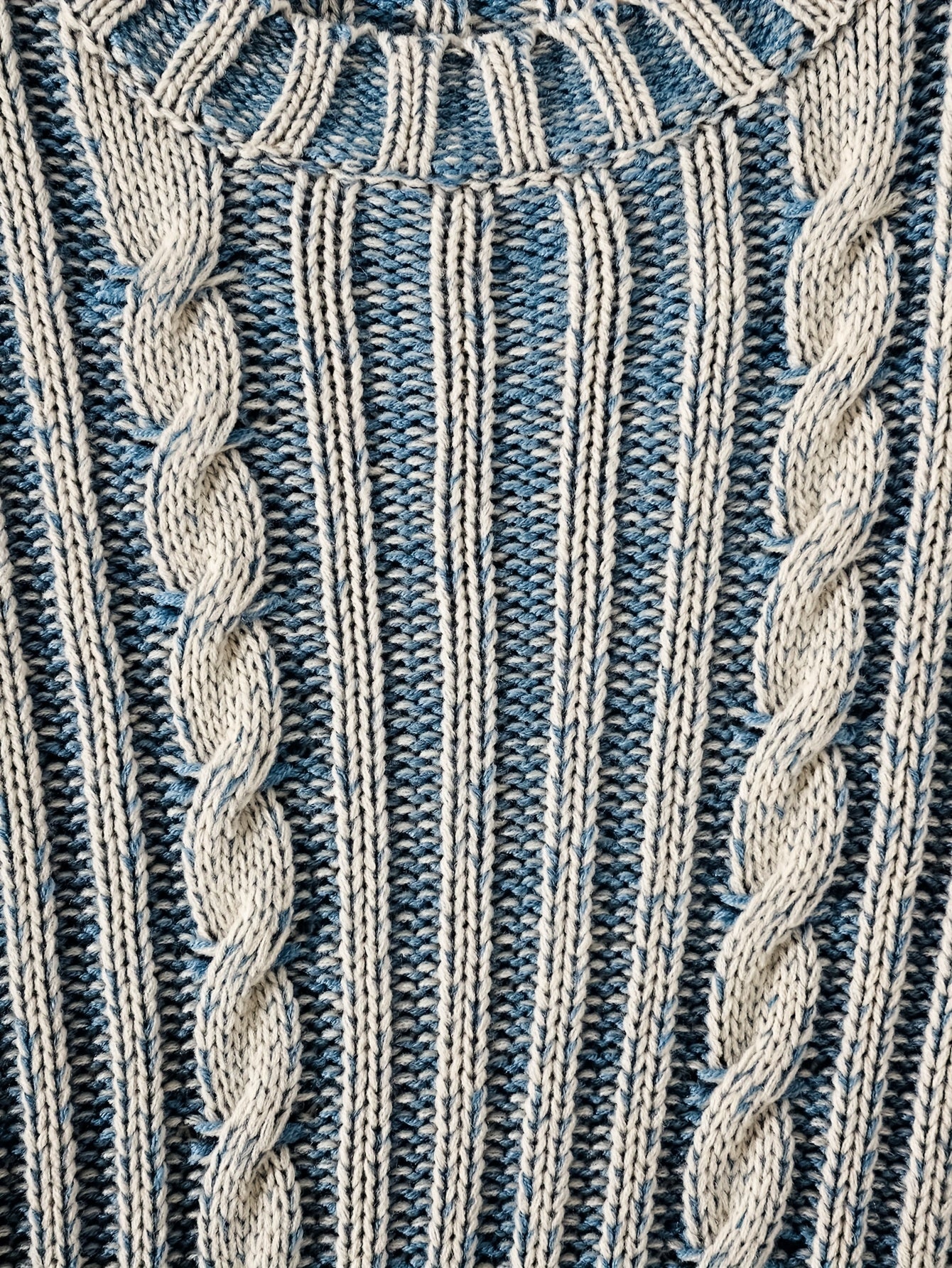 Men's Autumn Winter Casual Retro Color-Block Round Neck Sweater - Loose Fit Cable Knit Pullover with Blue & Beige Contrast, Hand Wash/Dry Clean, Knitted Sweater, Cozy Knitwear, Relaxed Fit Sweater, Comfortable Fabric