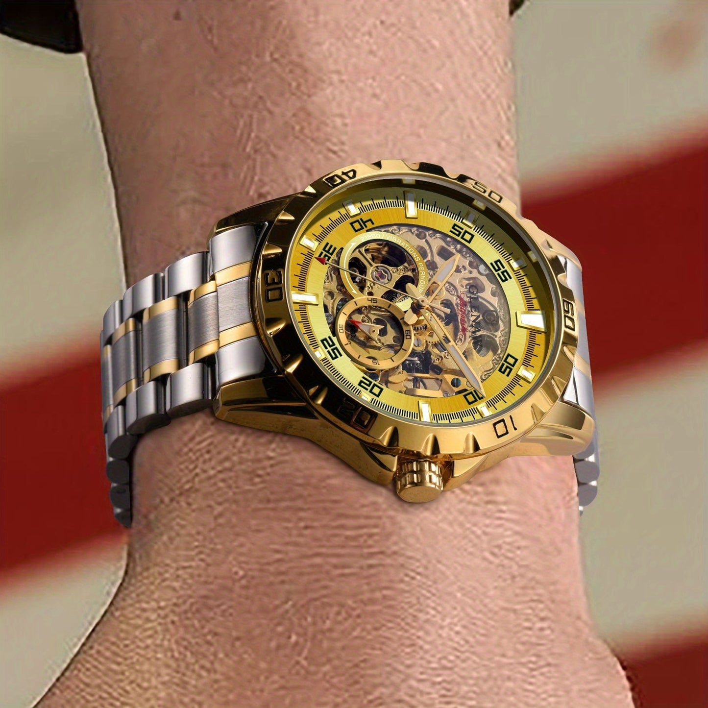 Men'S Automatic Watch with Flying Tourbillon Rotating Skeleton Mechanism - Stainless Steel Strap, Golden-Tone Dial, Mechanical Self-Winding Movement, Without Battery, Casual Style, Pointer Display