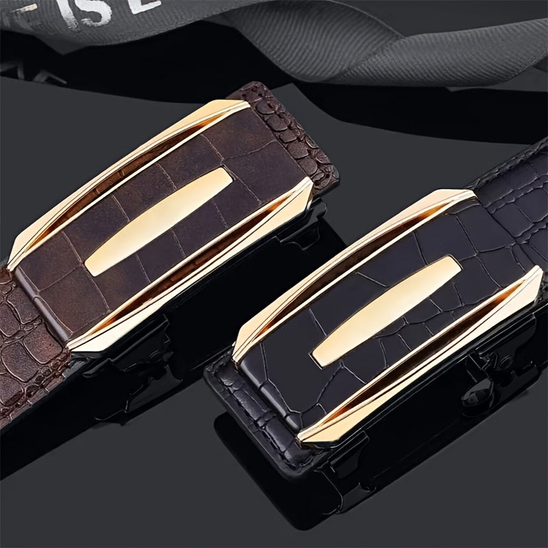 Ceinture Homme à Boucle Automatique en Cuir Synthétique – Motif Crocodile, Marron et Noir, Boucle en Alliage Doré, Style Élégant Décontracté et Professionnel, Parfaite pour Pantalons Habillés, Accessoire Formelle, Design Sophistiqué, Construction Durable