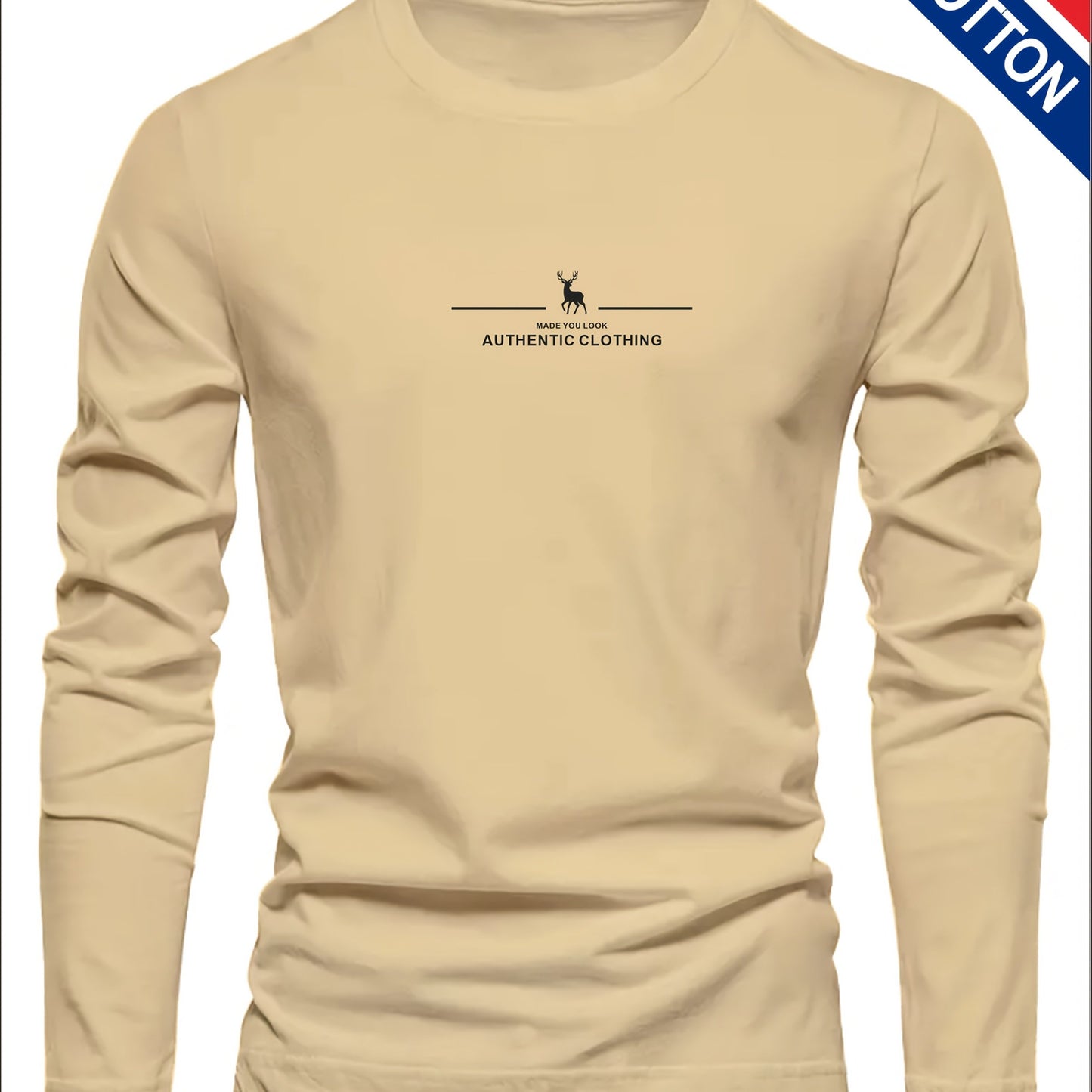 Men's 100% Cotton Long Sleeve T-Shirt - Soft Breathable Casual Round Neck Shirt Suitable for Fall/Winter, Machine Washable Layering Essential for & Social Events - Fabric