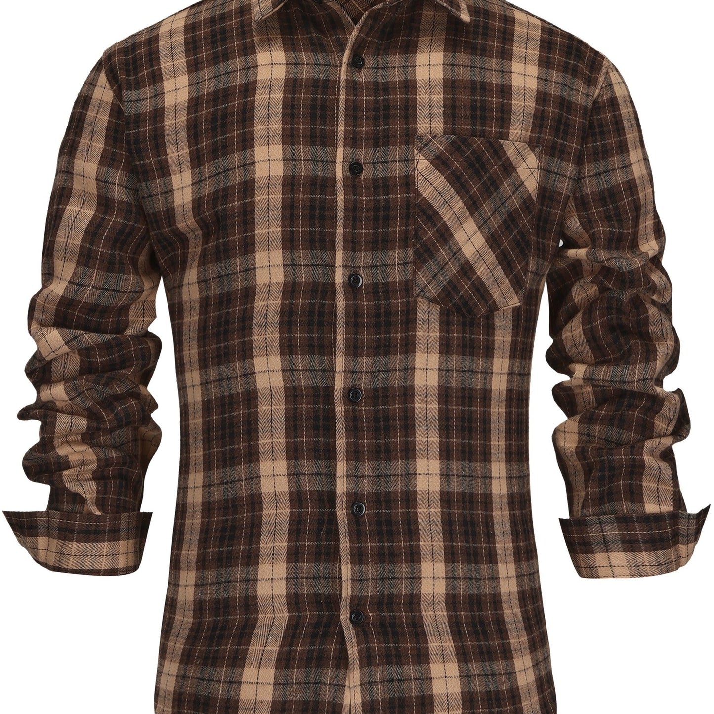 Men'S Long Sleeve Plaid Flannel Shirt - Cozy Brown & Beige Checkered Pattern, Casual Button-Up with Chest Pockets, Slim Fit for Spring/Fall, Perfect for Casual Attire, Fall Clothing | Slim Fit Shirt | Nonstretch Fabric