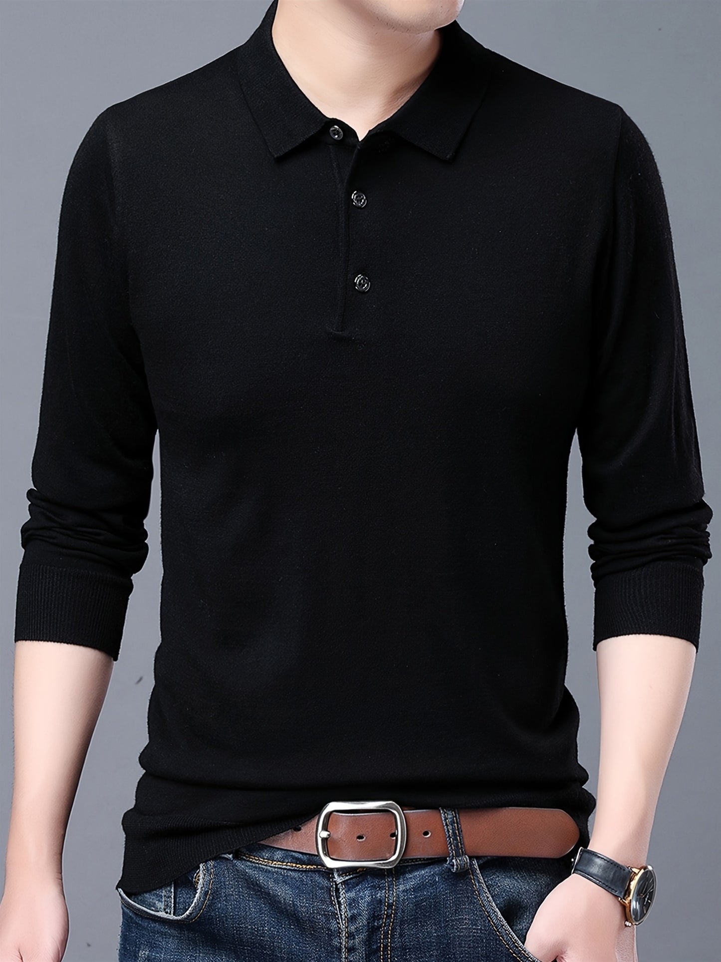 Men'S Slim-Fit Long Sleeve Shirt - Soft Stretchy Knit Button-Front Collar, Solid Color Casual & Formal Tops for Spring/Fall, Office, Party, Everyday - Easy-care Men'S Clothing, Office Attire, Classic Collar, Durable Construct