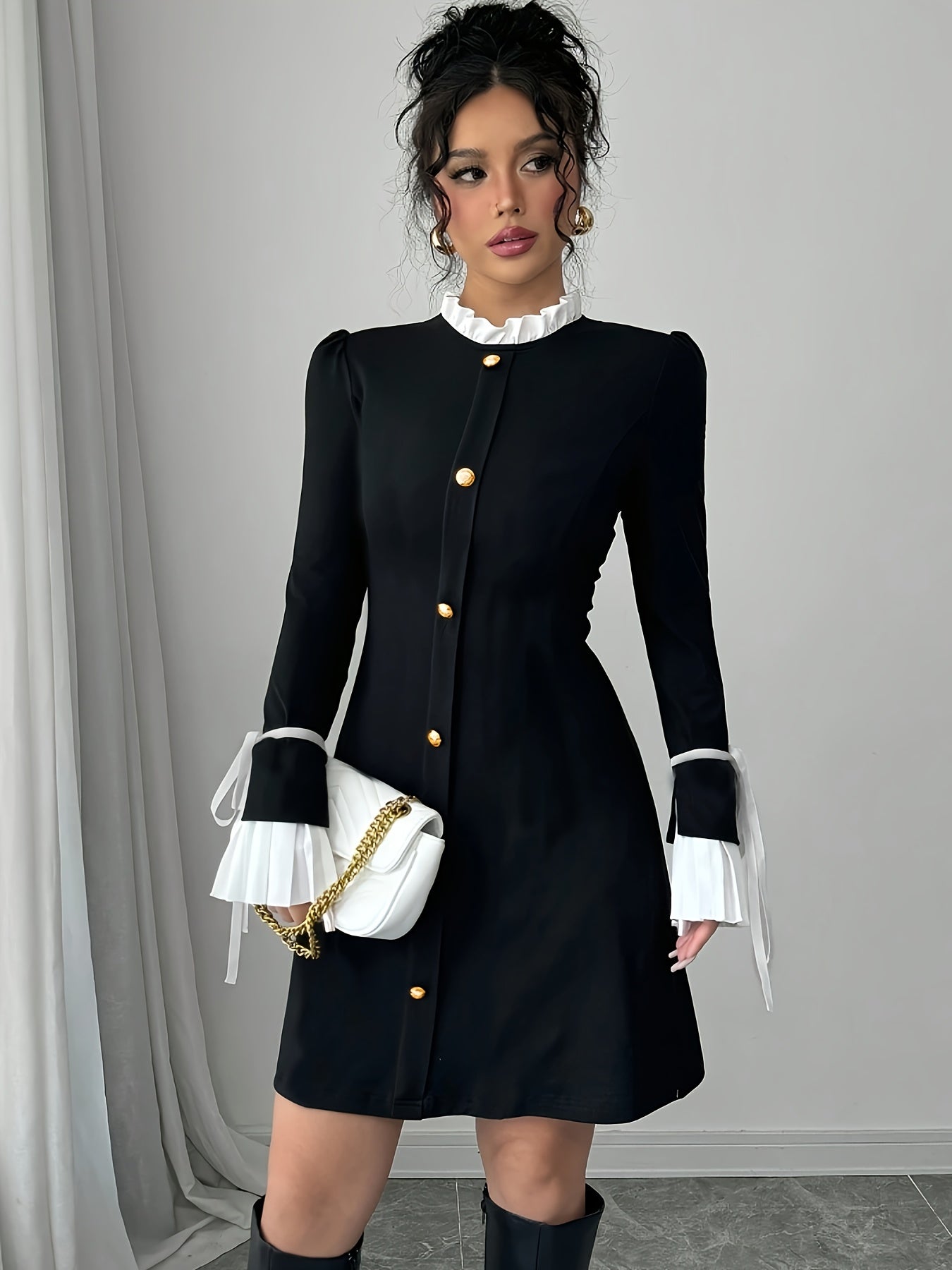 Robe chic patchwork femme – Col et poignets avec nœud, noir & blanc, soirée et formelle, tissu haut de gamme