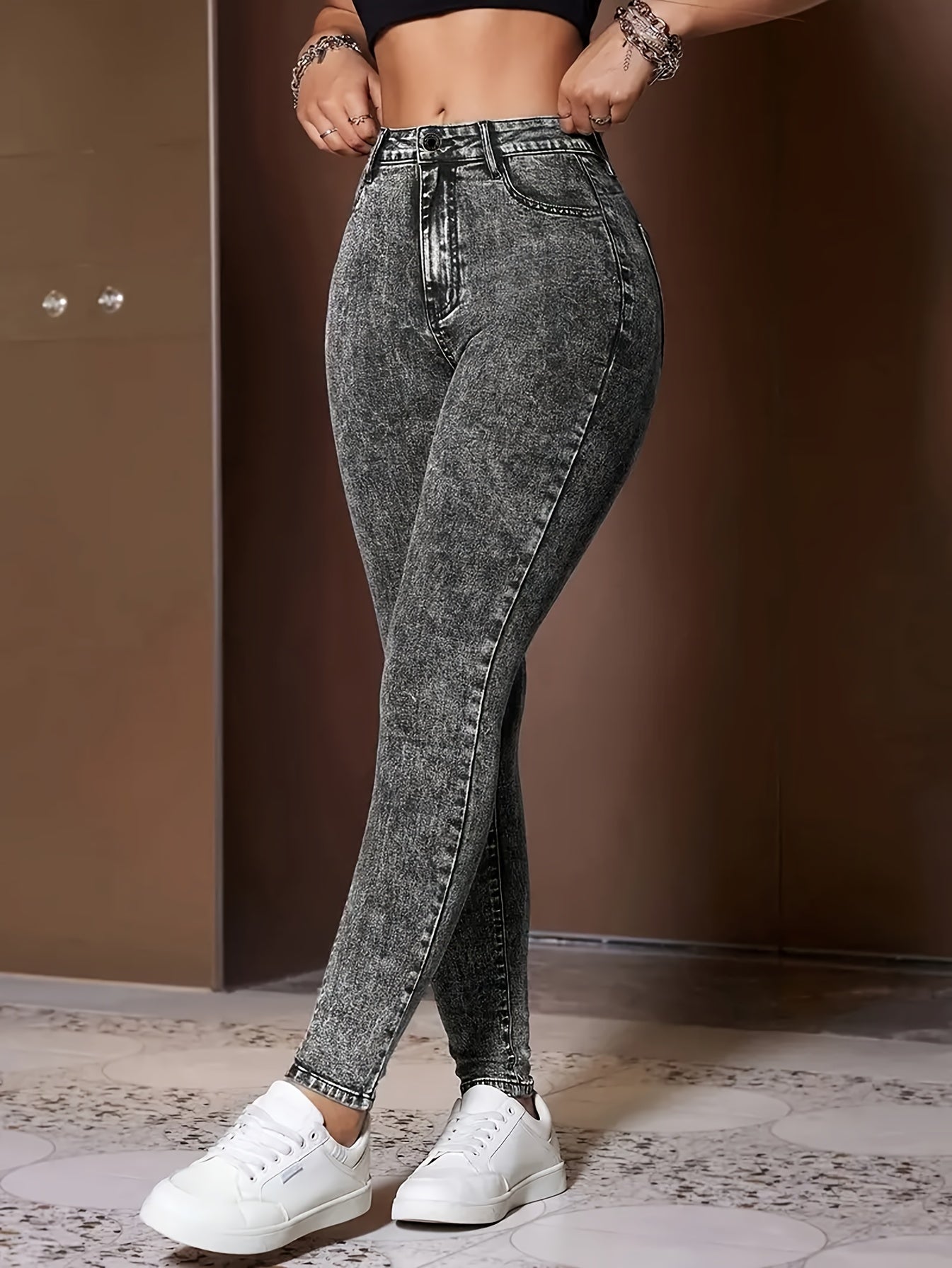 Jean stretch taille haute pour femme, mélange de polyester, coupe décontractée, taille élastiquée, braguette zippée, style printemps/été