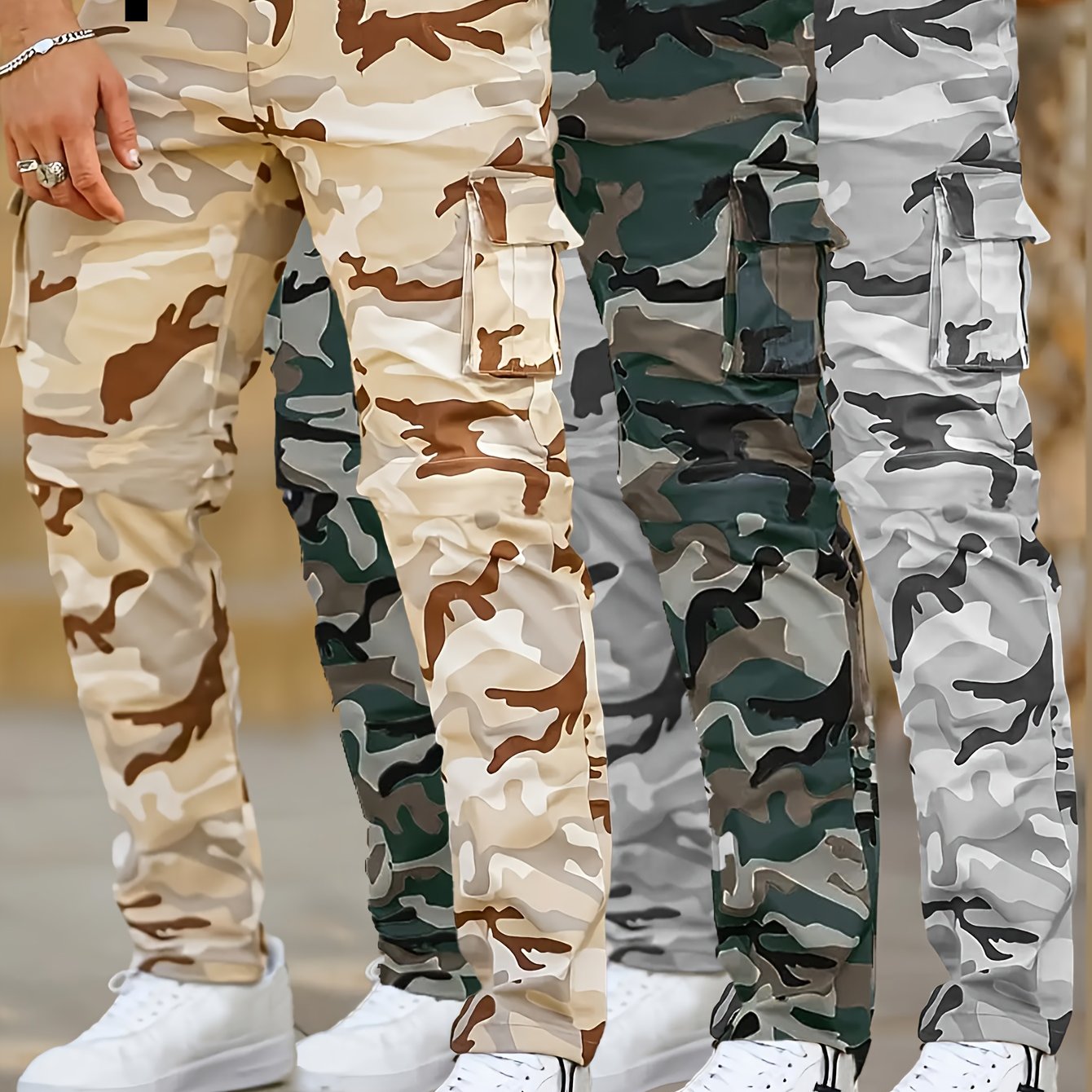 Pantalon cargo camouflage pour homme – poches à rabat, taille à cordon, couleurs vert/marron/beige/gris/noir/blanc, idéal chasse, militaire et tenue décontractée