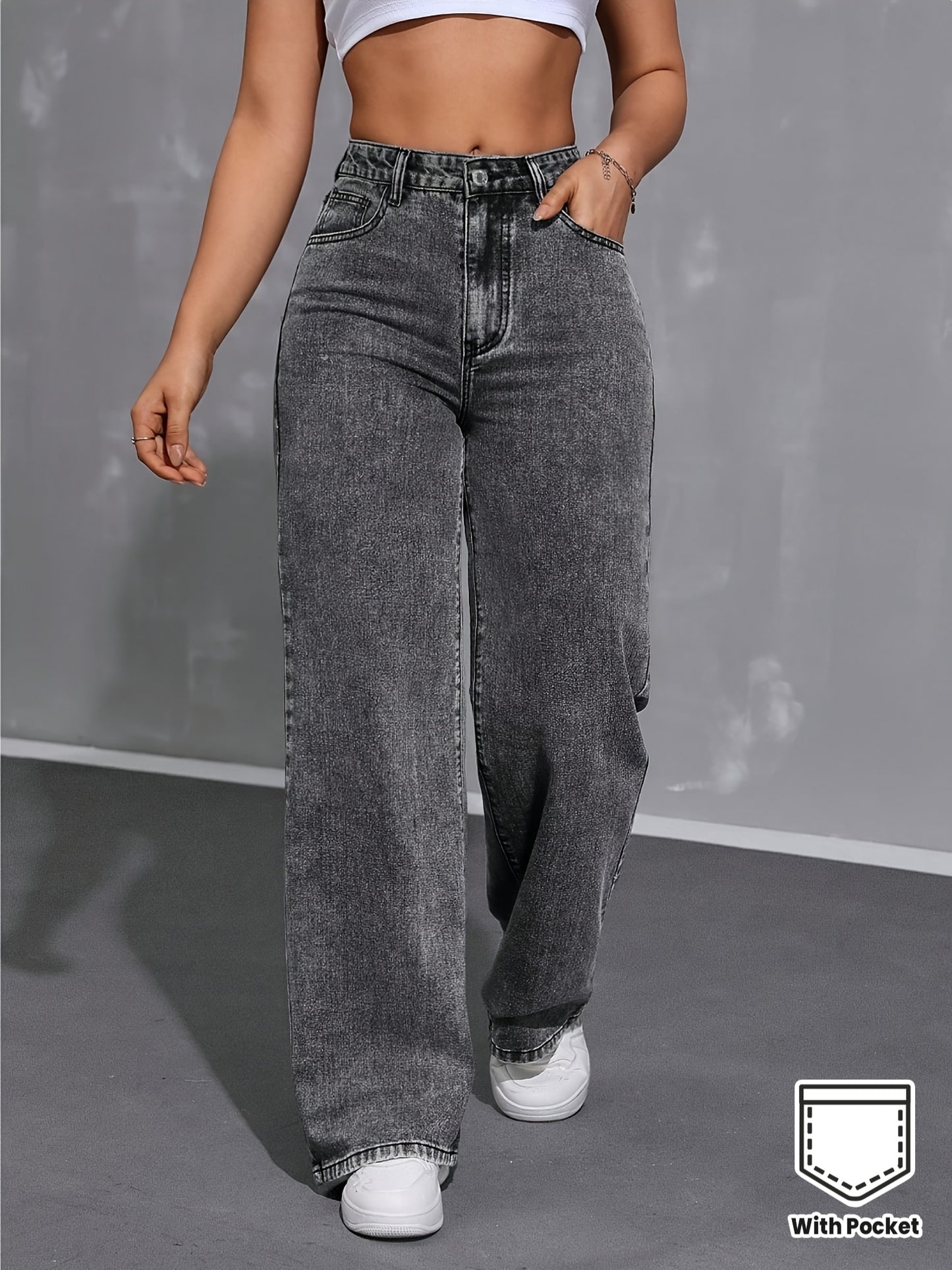 Jeans Femme Taille Haute Vintage Jambe Large Non Transparent Fermeture Zippée Taille Mi-Haute Poches Toute Saison