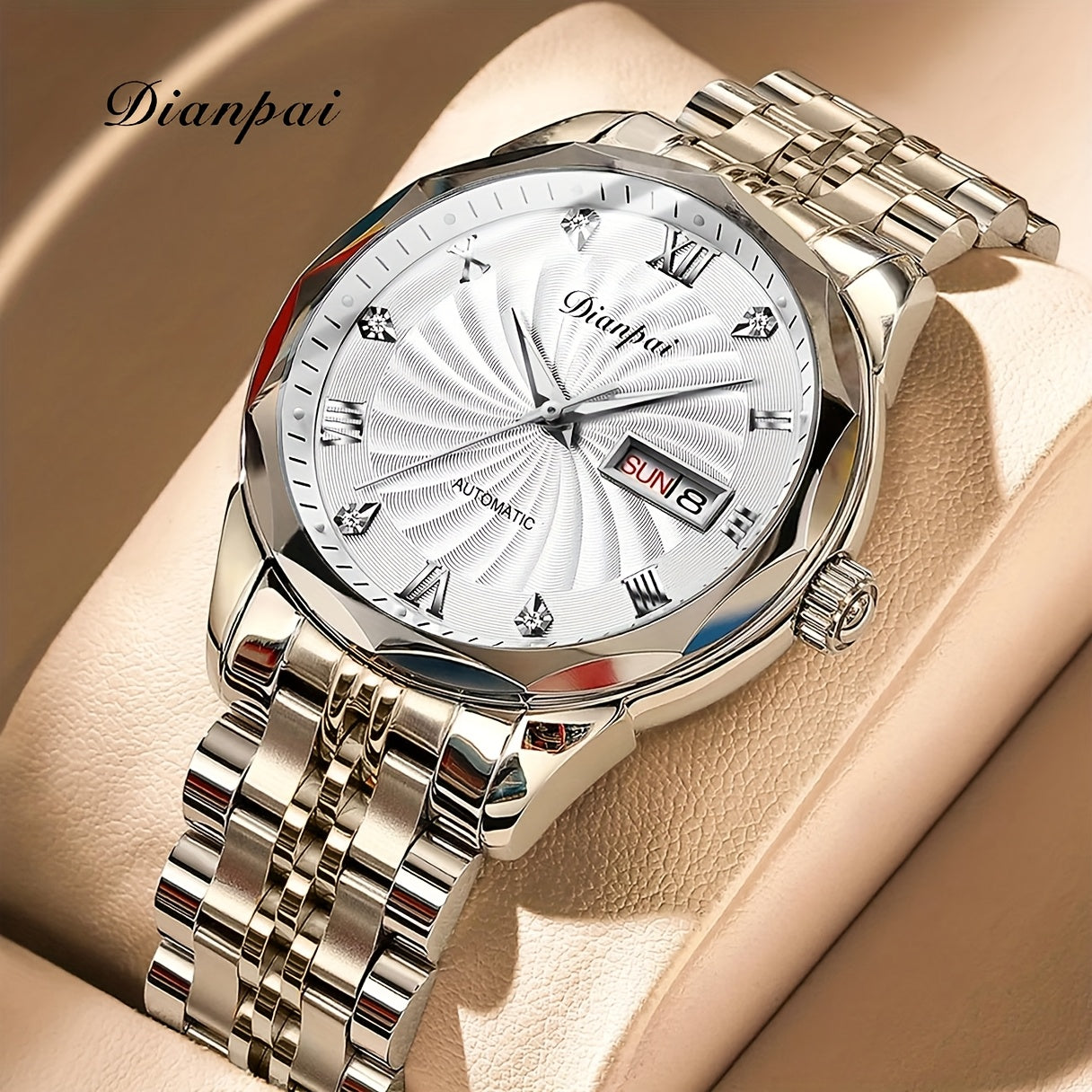 Men'S Business Automatic Mechanical Watch with Stainless Steel Strap, Week Calendar Display & Night Light - Self-Winding Mechanical Movement, Without Battery