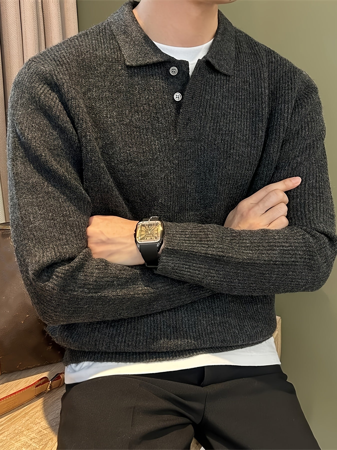 Men'S Casual Light Polo Shirt - Soft Stretch Knit Sweater with Button Front, Long Sleeve, Regular Fit for Fall/Winter, Office & Casual Attire - Everyday Essential, Winter Clothing, Classic Collar, Durable Construction, Stylis