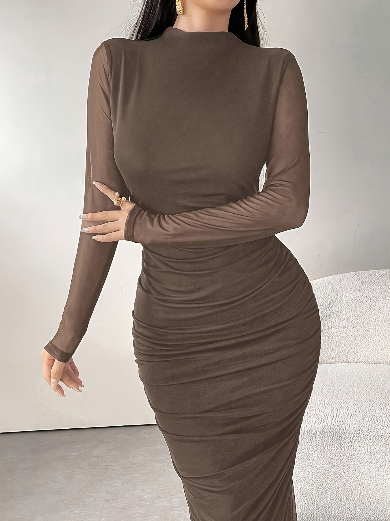 Elegant Dress with Long Sleeves, Stand Collar, And Mesh Ruffles