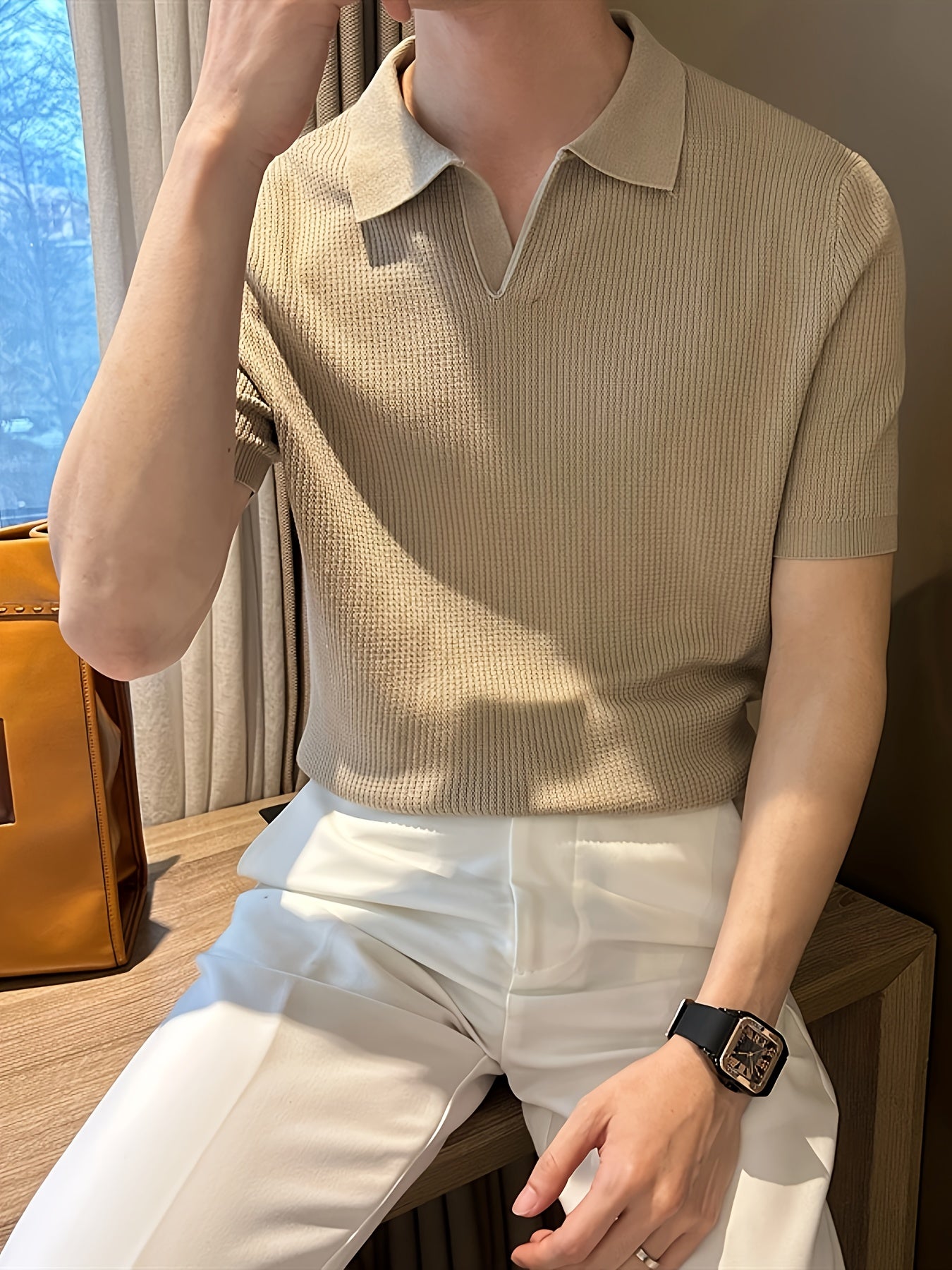 Men's Summer Retro Shirt - Breathable Stretch Knit, Classic Collar, Solid Green Casual T-Shirt, Regular Fit for Casual Attire, Warm Weather Outfit, Timeless Design, Stretchable Material, Short Sleeve Top, Stylish Men