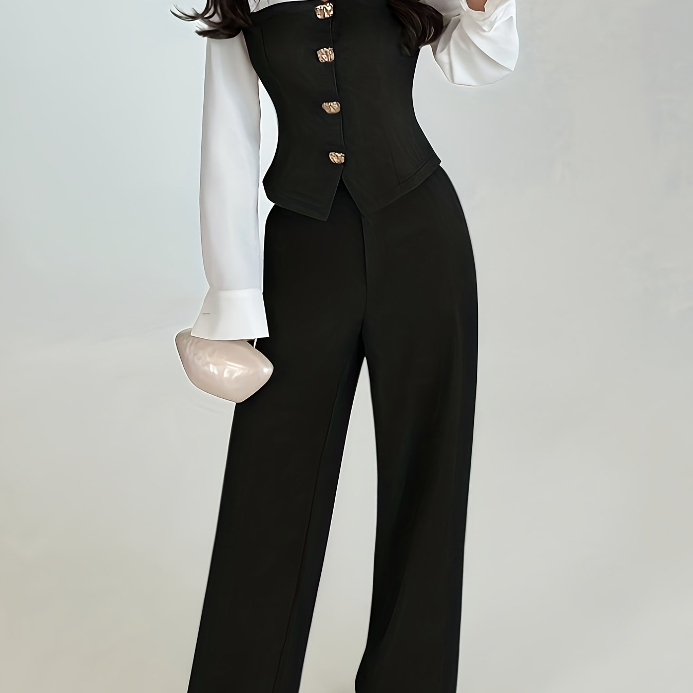 Ensemble deux pièces décontracté et élégant, composé d'une chemise patchwork et d'un pantalon droit ample