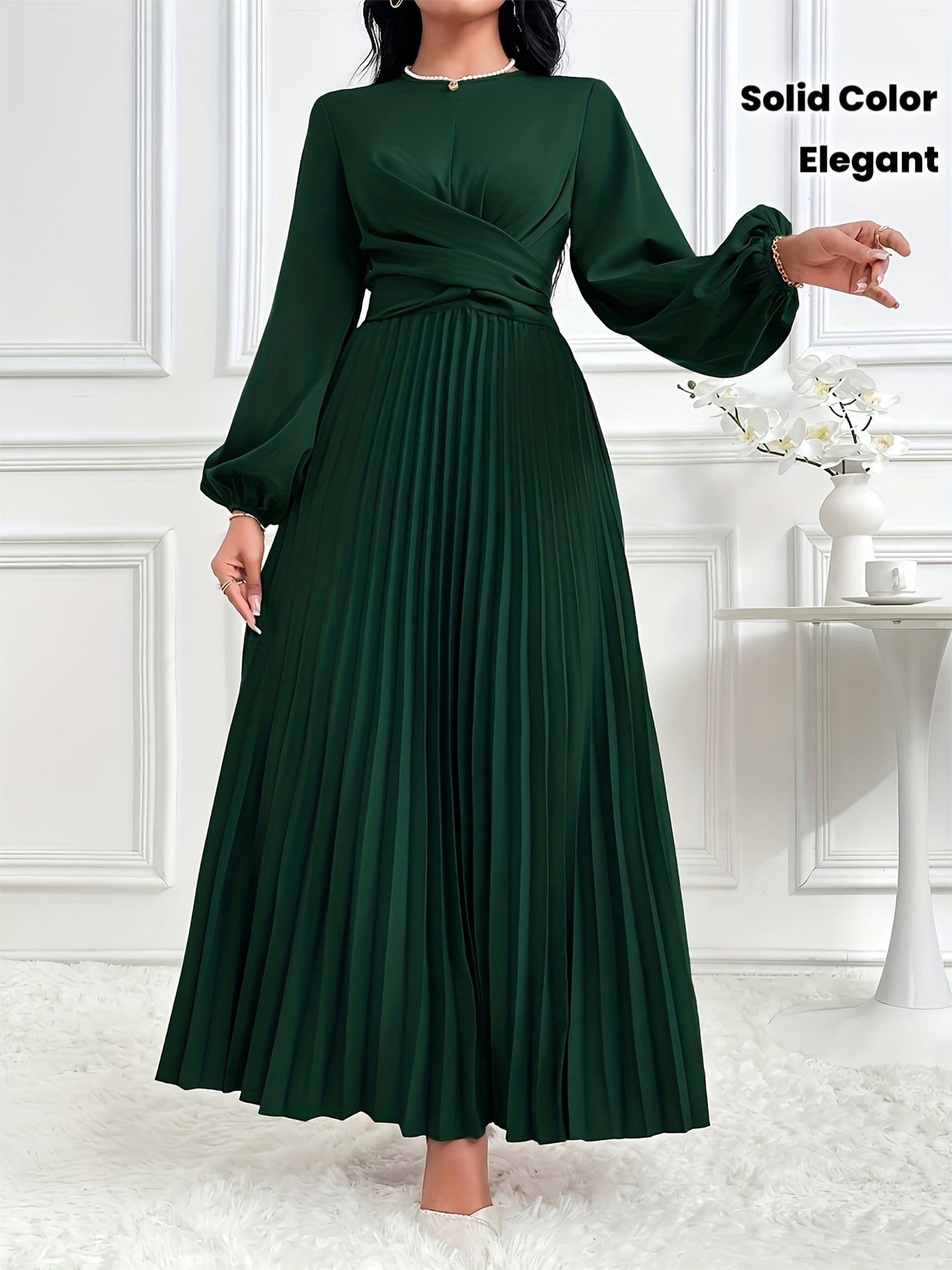 Women's Solid Color Lantern Sleeve Ruffled Elegant Arabic Dress