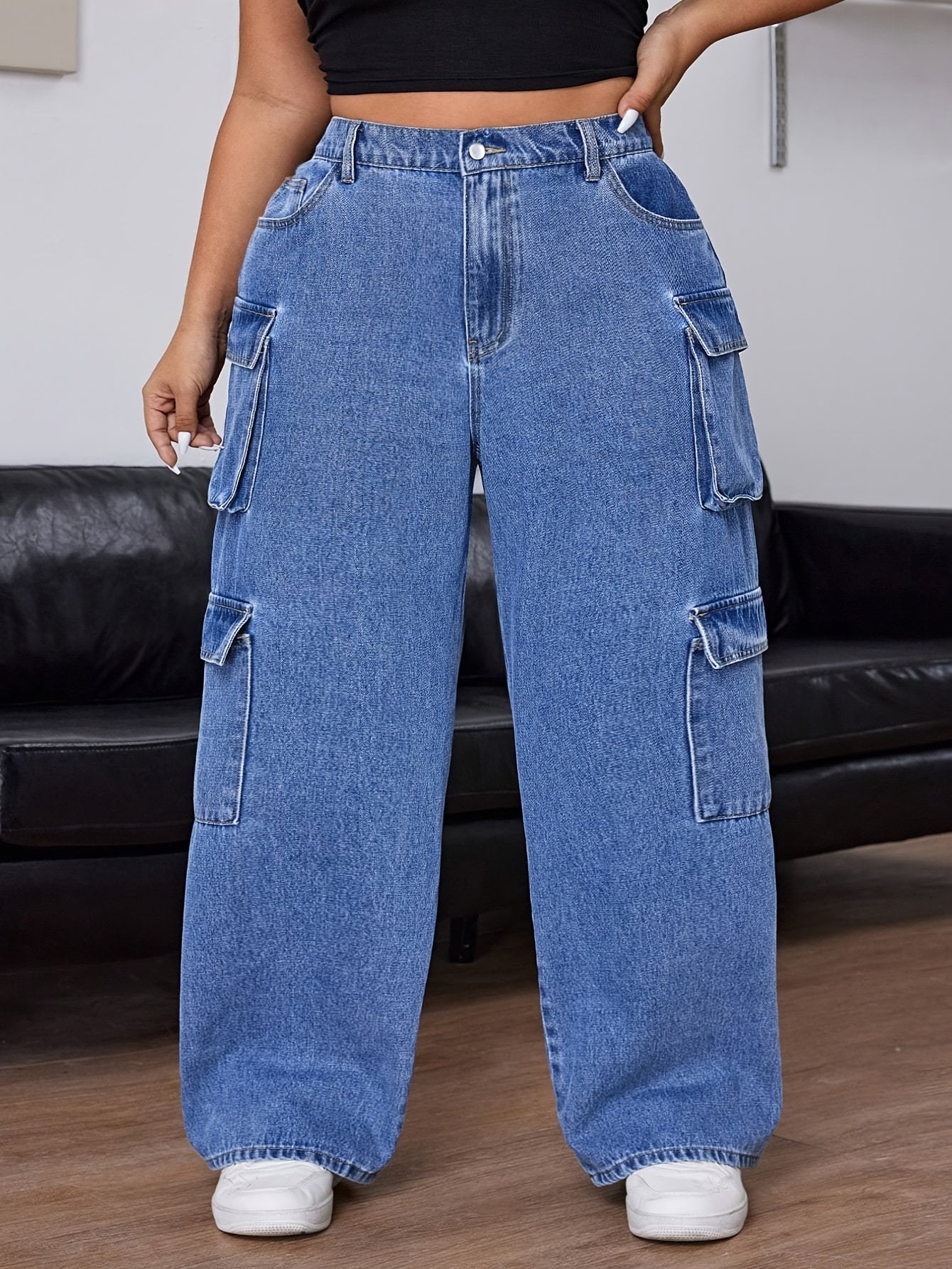 Jeans Femme Taille Moyenne – Jambe Droite avec Cordons et Multiples Poches, Extensible