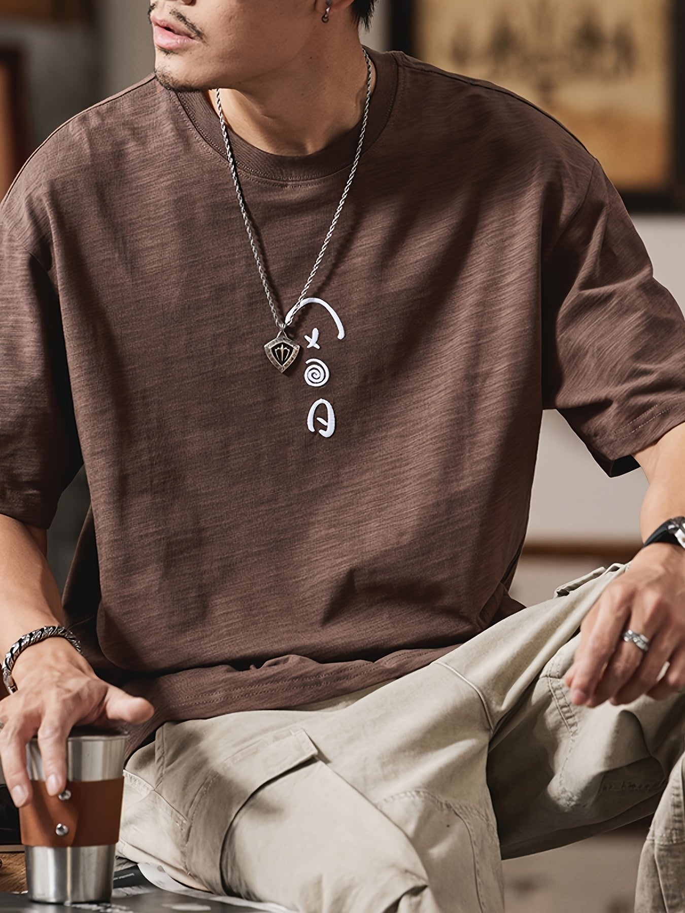 Men's Heavyweight 100% Cotton Oversized T-Shirt with Music Note & Headphone Graphic Chest Print - Breathable Summer Casual Round Neck Long Sleeve Loose Fit Tee for Casual Attire, Music Events & Lounge Outfits