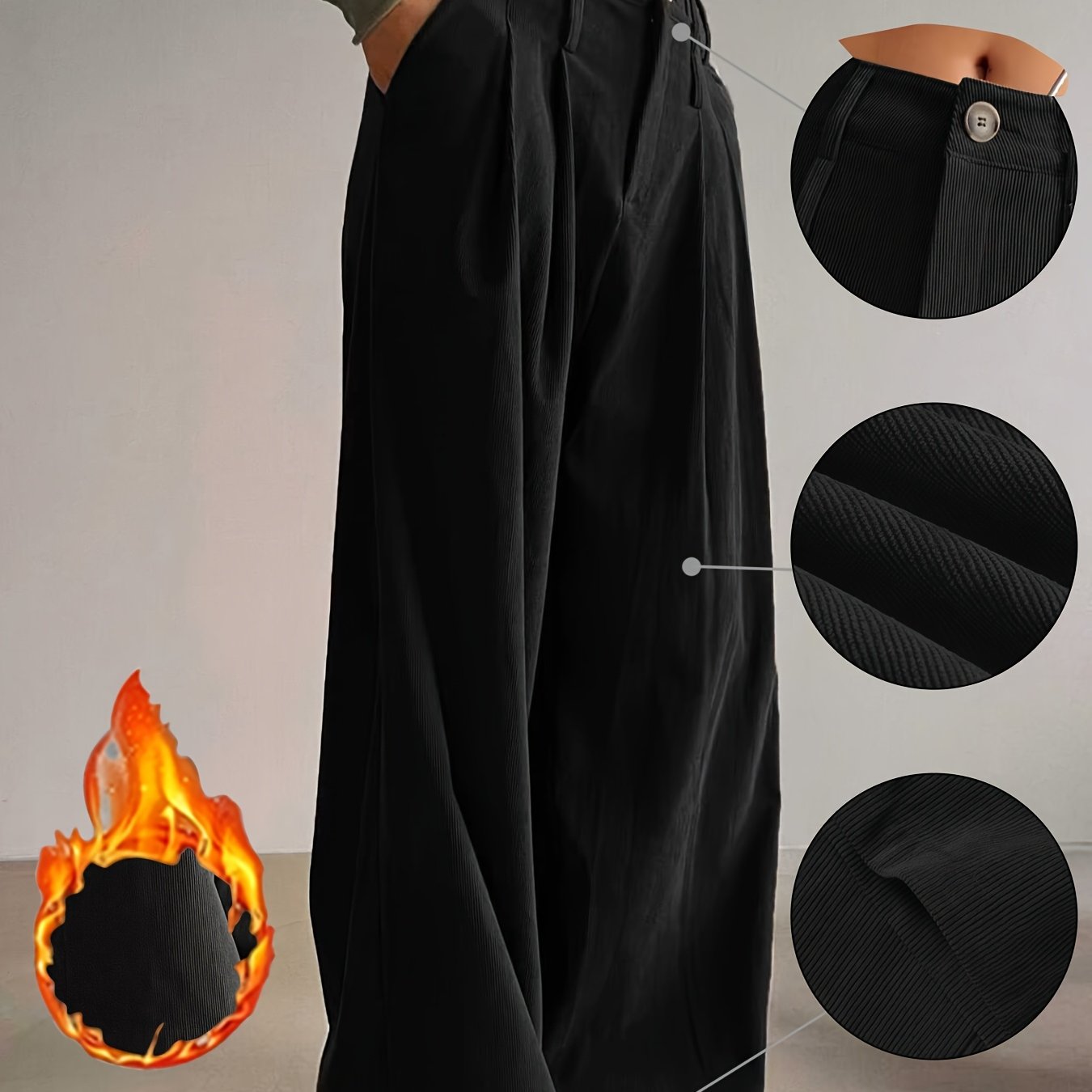 Pantalon Femme Élégant Taille Haute – Jambe Large, Hiver Épais, Boutons, Tissu Non Extensible, Bureau et Décontracté, Automne/Hiver