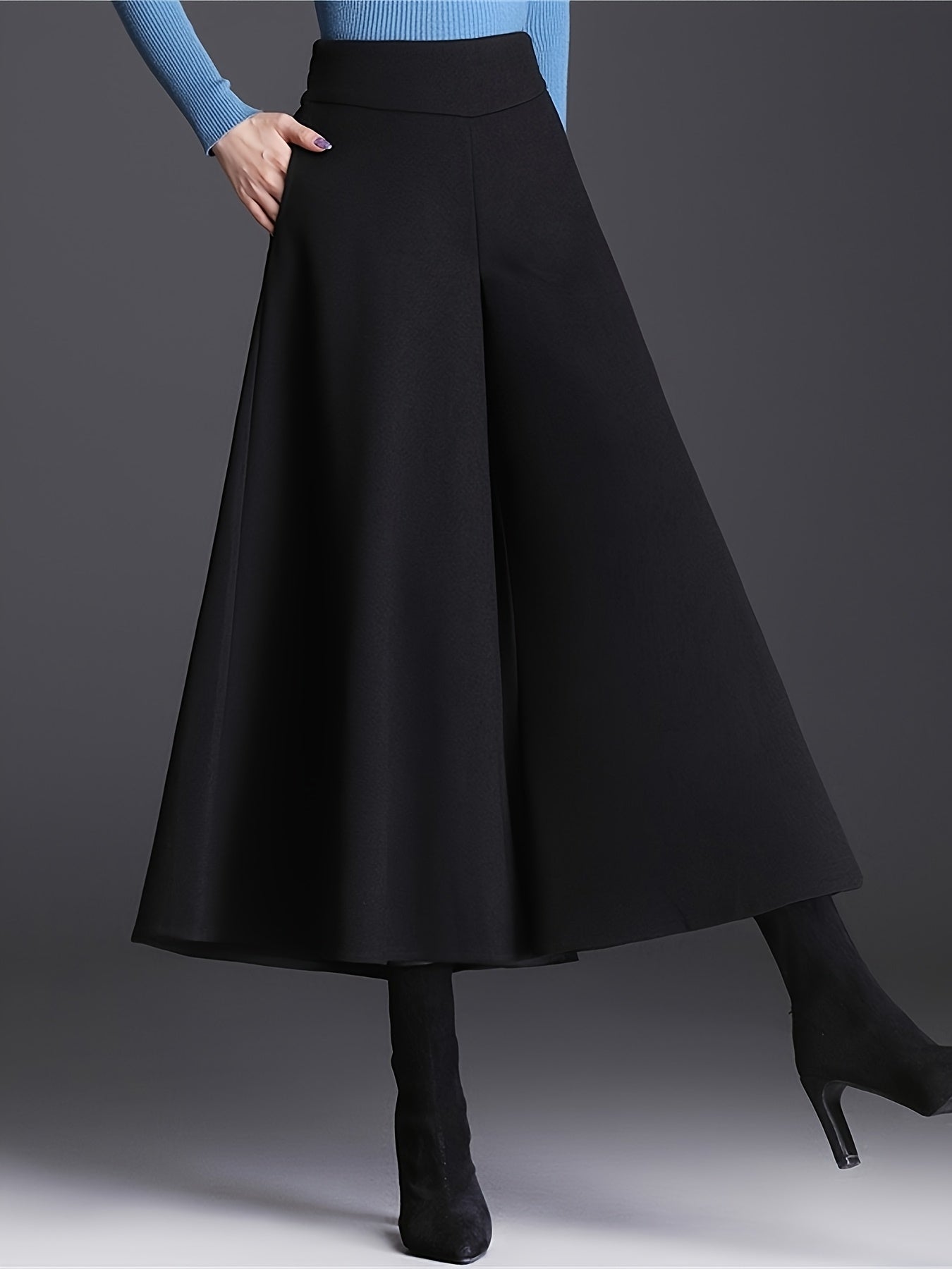 Pantalon Femme Taille Haute – Jambe Large Doublé Polaire, Taille Élastique, Confortable, 7/8, Automne/Hiver