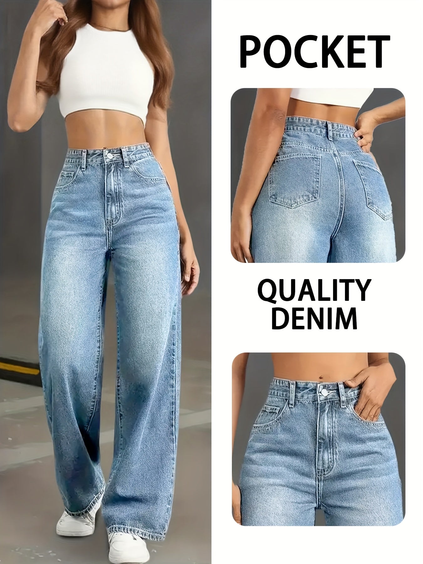 Jeans Femme Grande Taille Jambe Large Blanc Effet Usé Boutons Taille avec Poches Toute Saison Décontracté et Chic