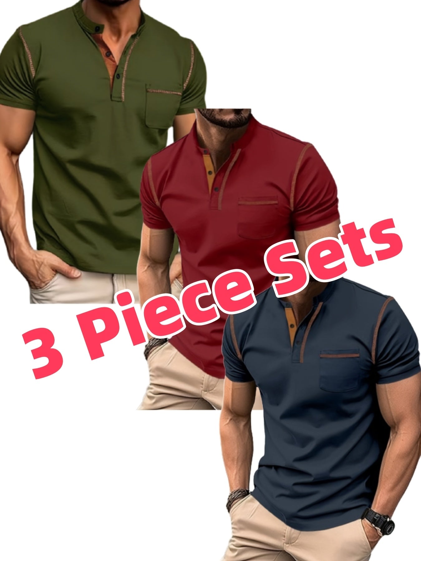 Lot de 3 Henley Manches Courtes – Tops Casual Golf & Tennis