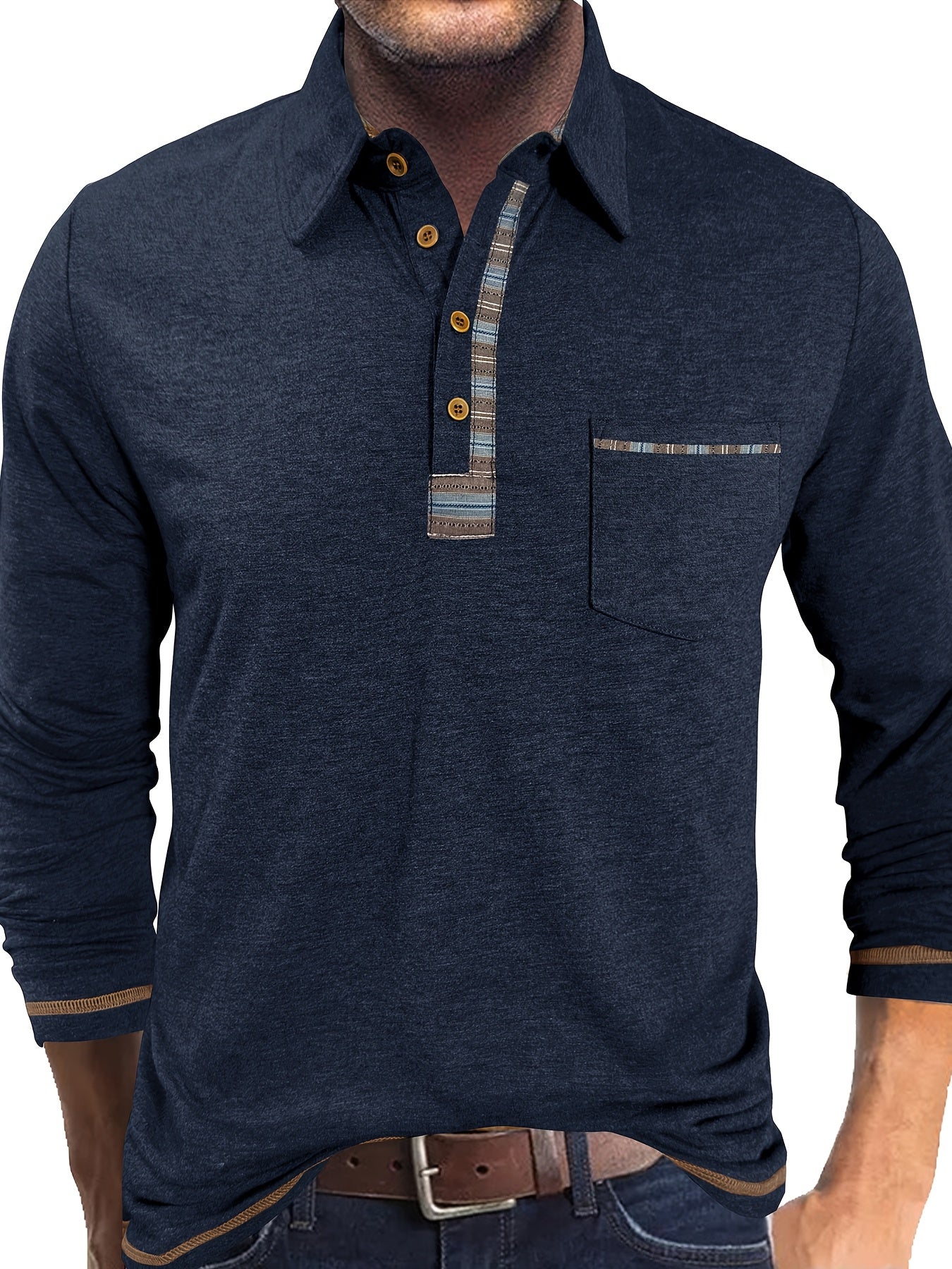 Plus Size Men's Retro Casual Shirt - Long Sleeve Button-Up with Color Block Detailing, Machine Washable Spring/Fall Top for Casual Attire, PLUS SIZE