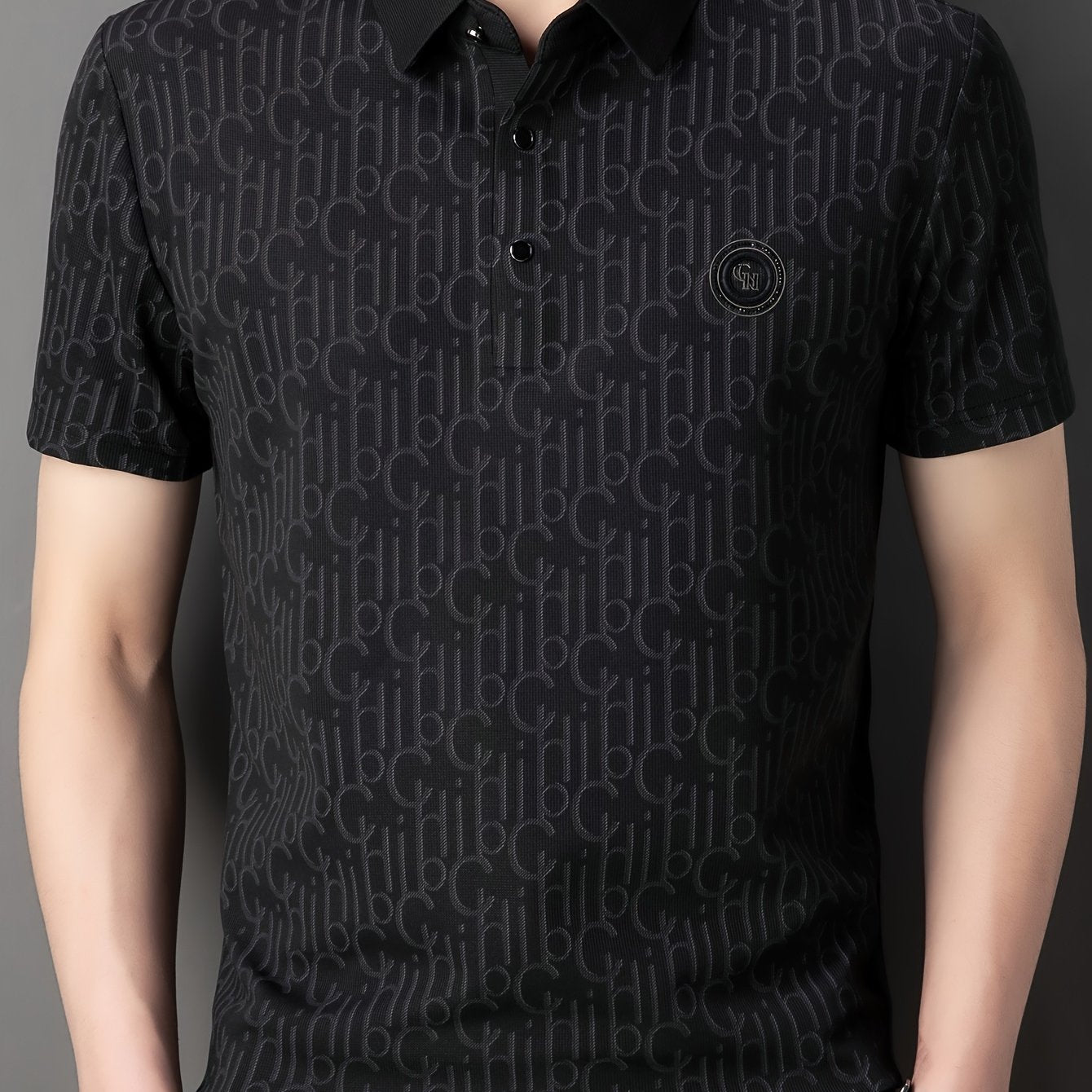 Men'S Breathable Summer Graphic T-Shirt - Short Sleeve, Button-Up Collar, Casual Streetwear with Stylish "H" Print Design, Lightweight Polyester Fabric for Golf, Tennis & Weekend Outing