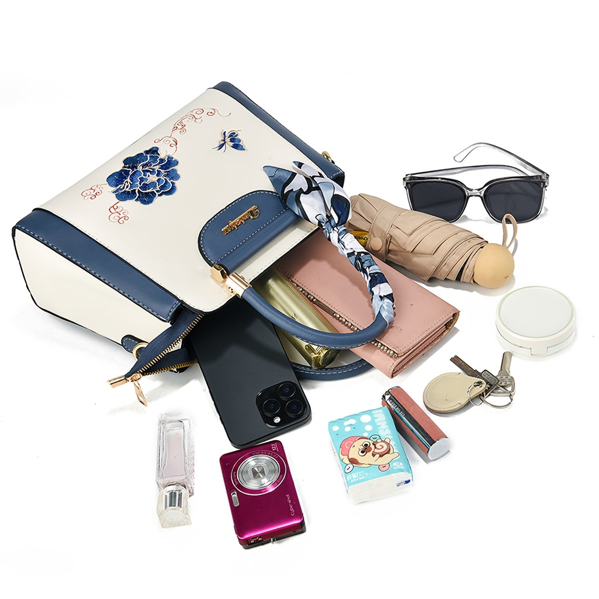 Sac à main pour femmes – broderie florale, bandoulière réglable, fermeture zippée, bleu marine et blanc, parfait pour travail, voyage ou cadeau fête des mères, doublure polyester, avec écharpe décorative