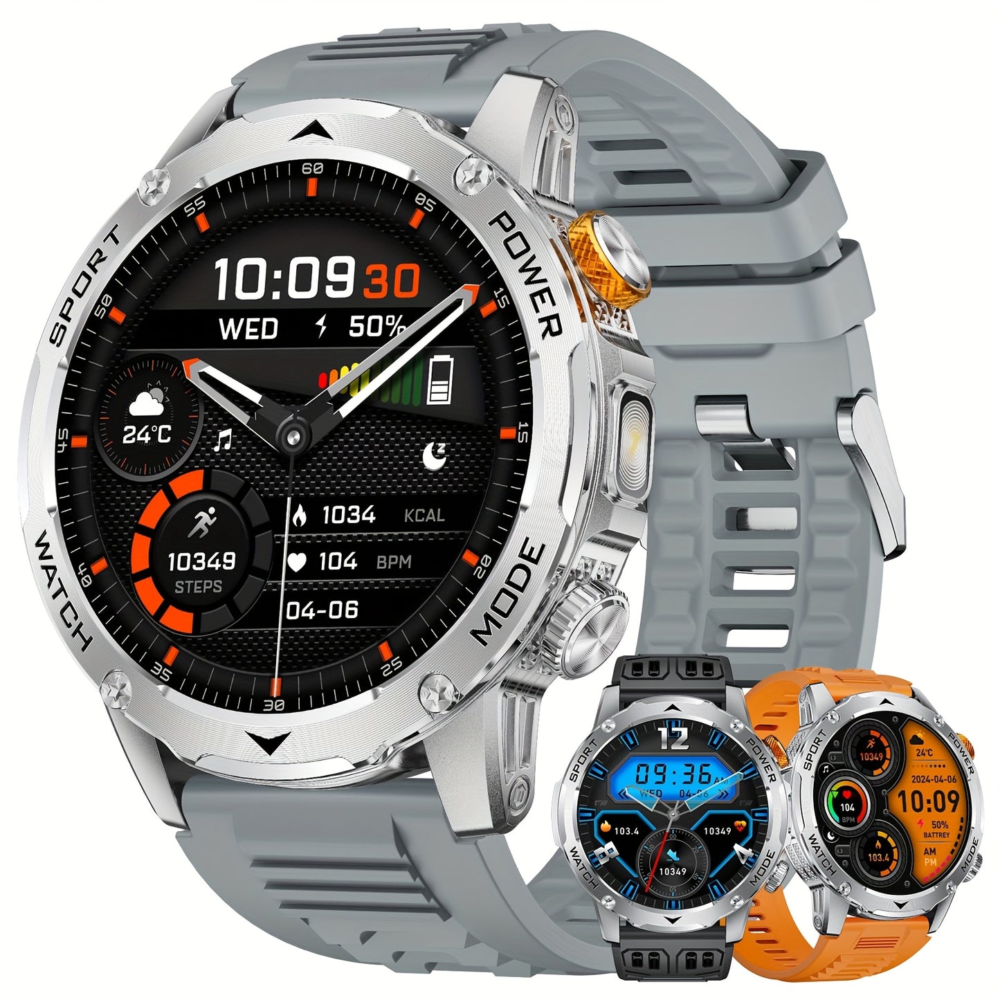 Montre Connectée Homme – Écran HD 4,45 cm, Plus de 50 Modes, Autonomie Ultra Longue avec Batterie 1000 mAh, Fonctions Téléphone, 110+ Modes Sport, Suivi du Sommeil, Podomètre, Compatible Android et iPhone, Lot de 3 Bracelets avec Lumière Flash