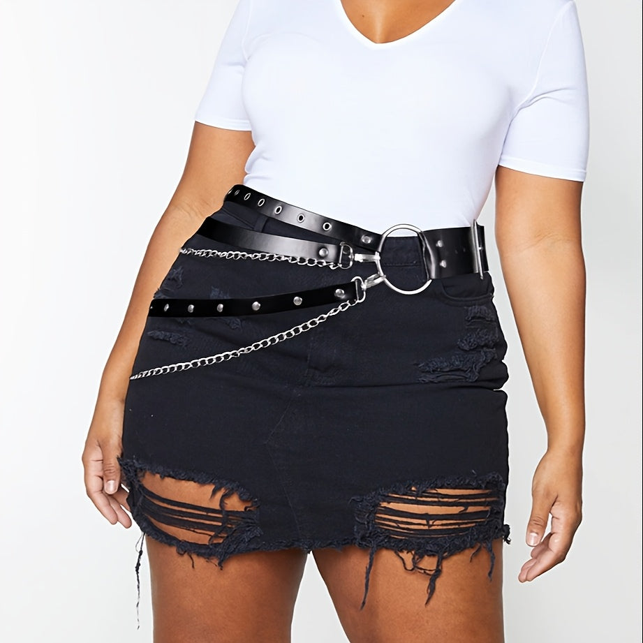 Ceinture punk grande taille pour femmes – Ceinture PU noire style hip-hop, avec chaîne et glands, accessoire de mode